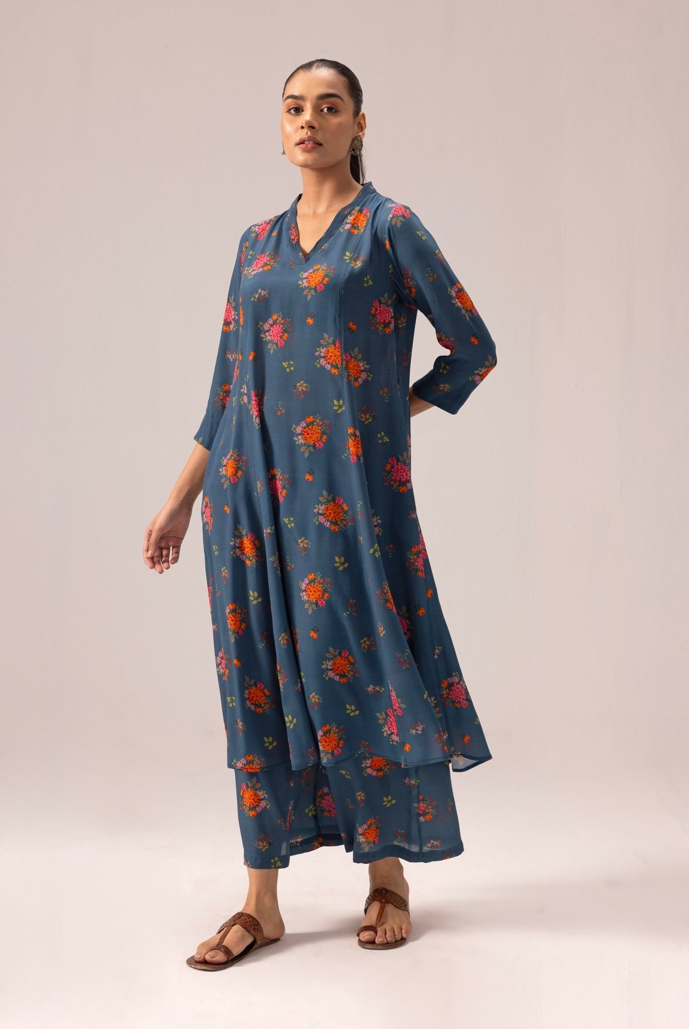 Thea Kurta Pant Set - Blue with Floral Print - CiceroniKurta Set, Everyday WearLabel Shreya Sharma