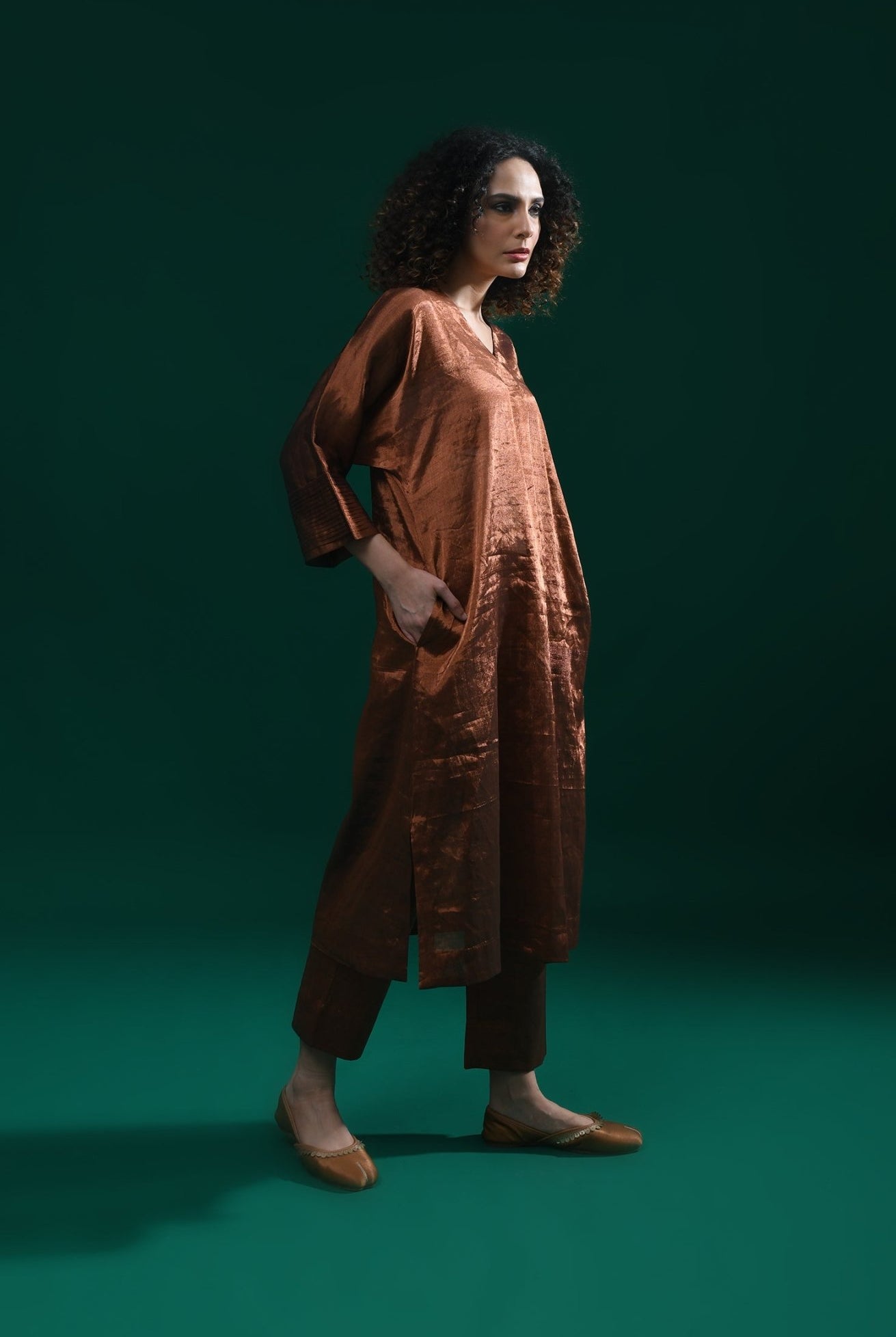 Tissue Kaftan Co - Ord with Pleated Cuff (Set of 2) - Copper - CiceroniKurta Set, Festive WearHiranya