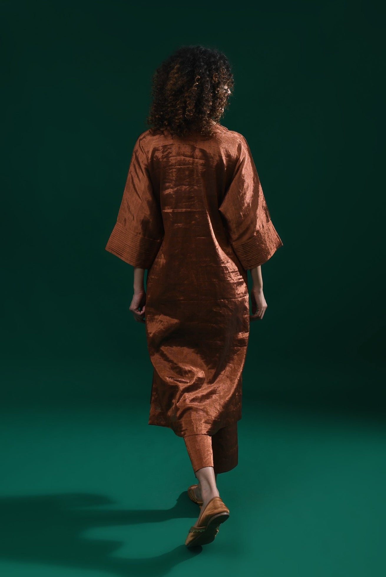 Tissue Kaftan Co - Ord with Pleated Cuff (Set of 2) - Copper - CiceroniKurta Set, Festive WearHiranya