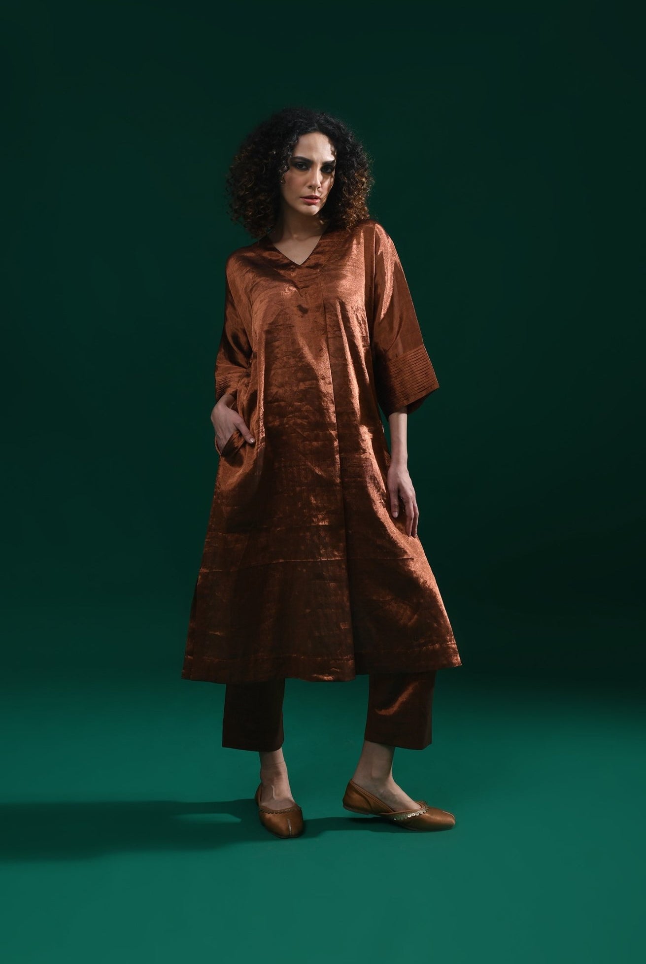 Tissue Kaftan Co - Ord with Pleated Cuff (Set of 2) - Copper - CiceroniKurta Set, Festive WearHiranya