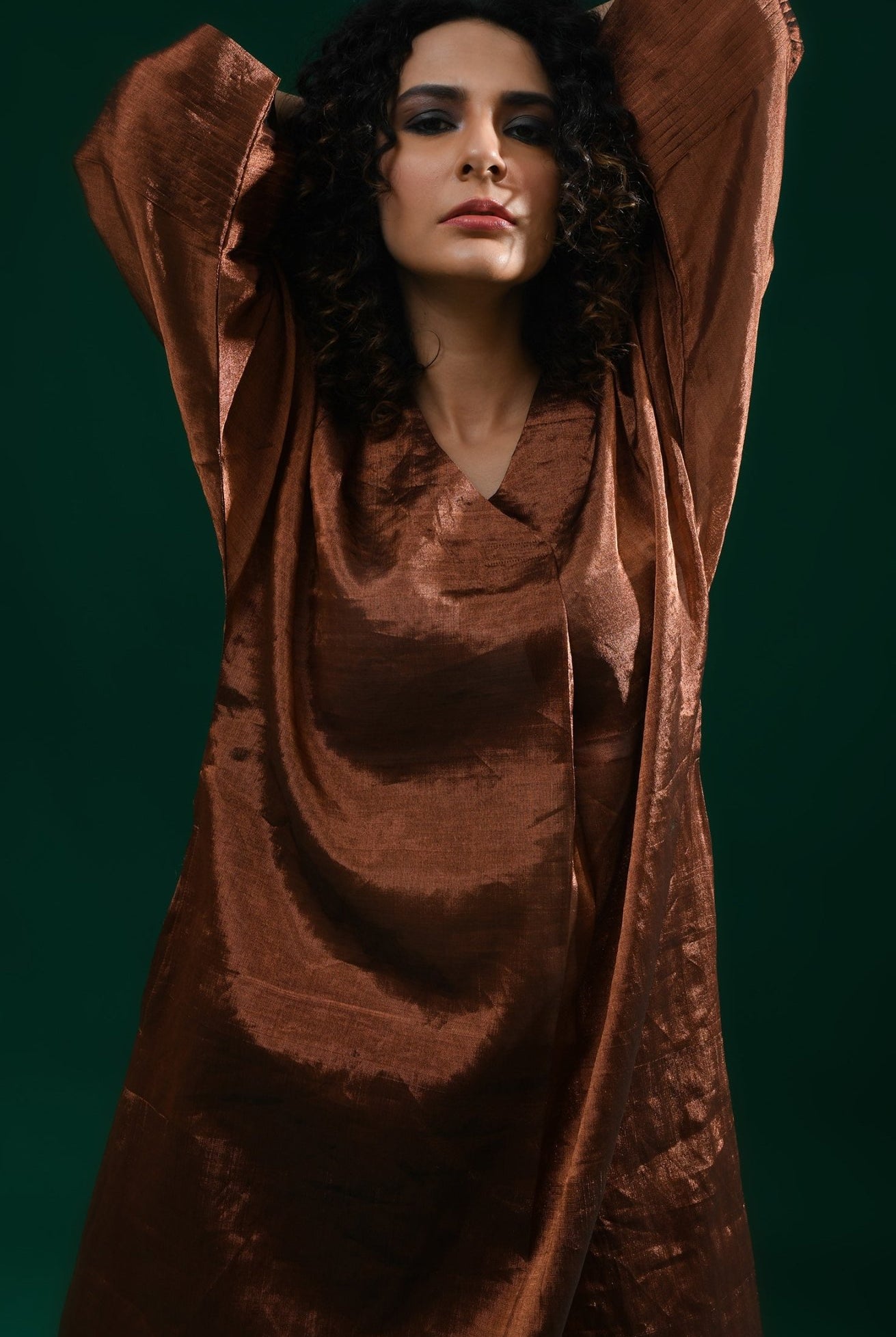 Tissue Kaftan Co - Ord with Pleated Cuff (Set of 2) - Copper - CiceroniKurta Set, Festive WearHiranya