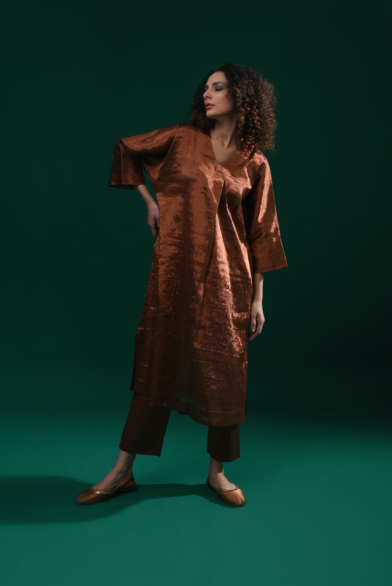 Tissue Kaftan Co - Ord with Pleated Cuff (Set of 2) - Copper - CiceroniKurta Set, Festive WearHiranya