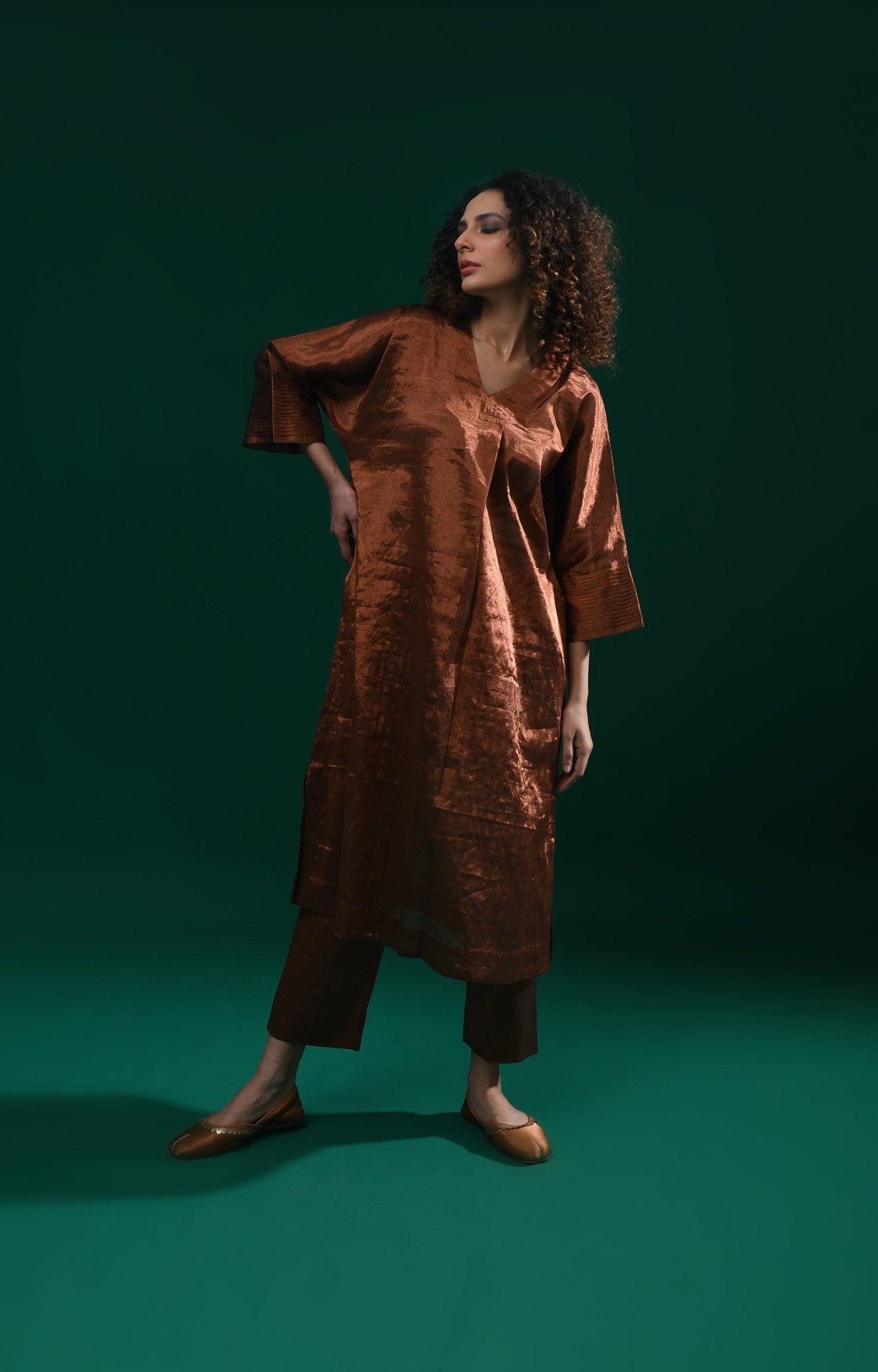 Tissue Kaftan Co - Ord with Pleated Cuff (Set of 2) - Copper - CiceroniKurta Set, Festive WearHiranya