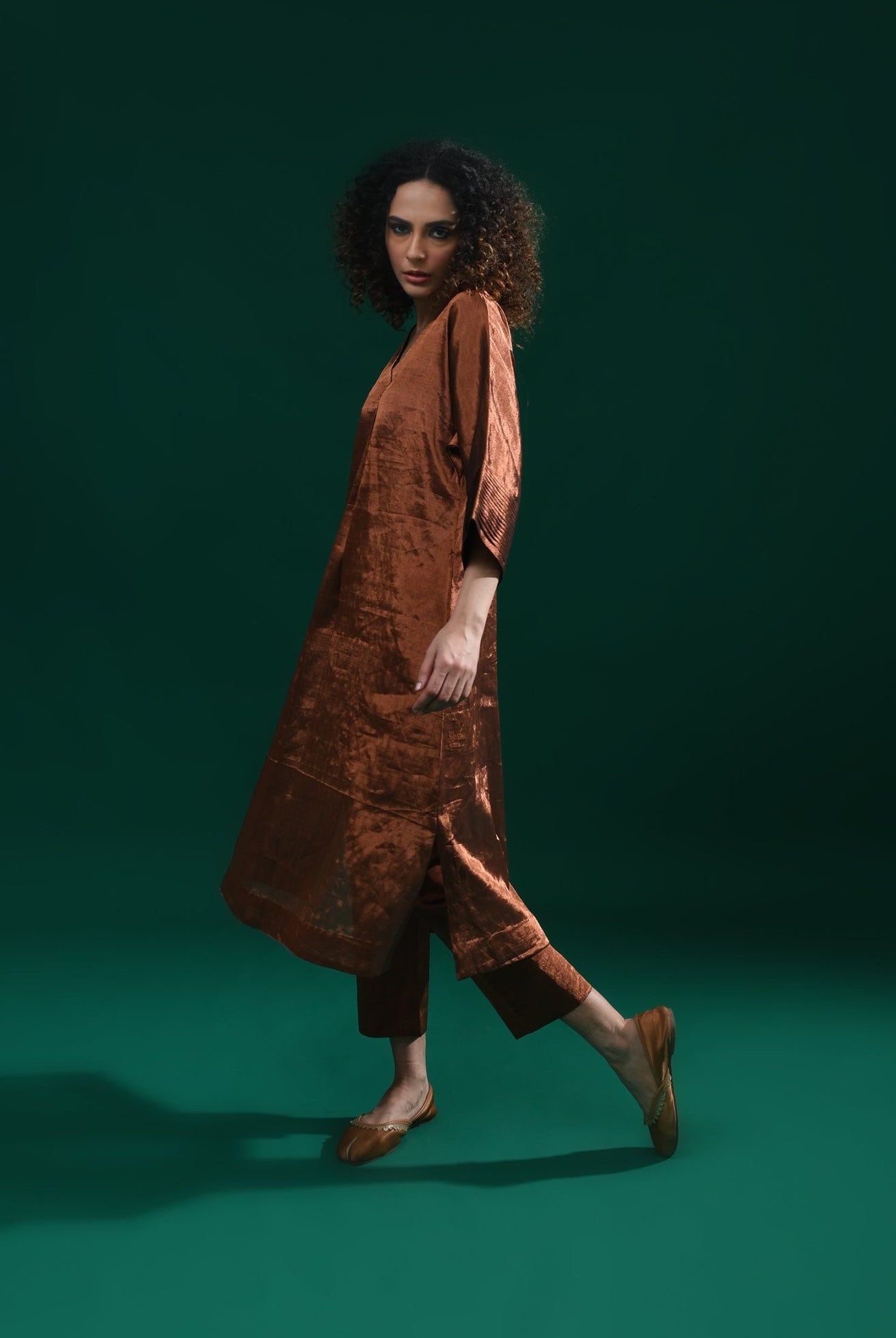 Tissue Kaftan Co - Ord with Pleated Cuff (Set of 2) - Copper - CiceroniKurta Set, Festive WearHiranya