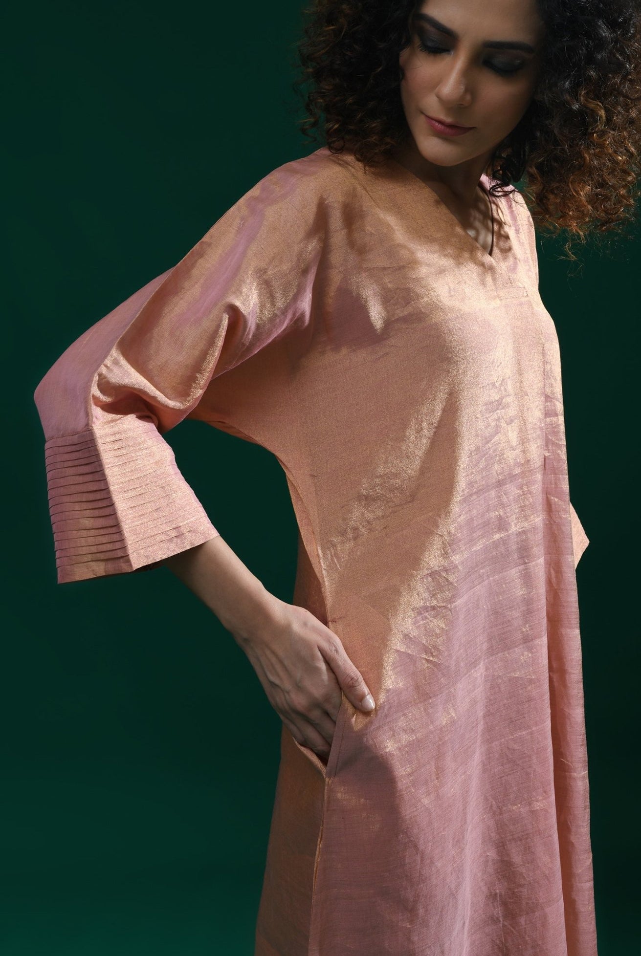 Tissue Kaftan Co - Ord with Pleated Cuff (Set of 2) - Peach - CiceroniKurta Set, Festive WearHiranya