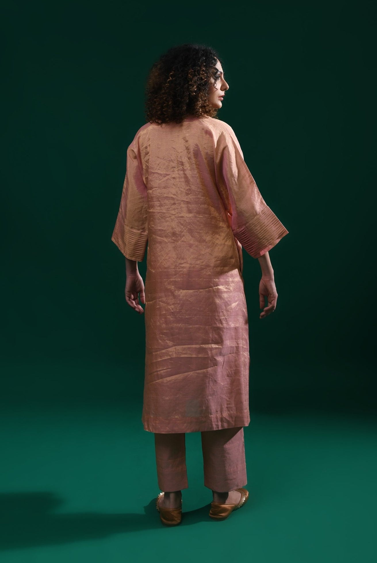 Tissue Kaftan Co - Ord with Pleated Cuff (Set of 2) - Peach - CiceroniKurta Set, Festive WearHiranya