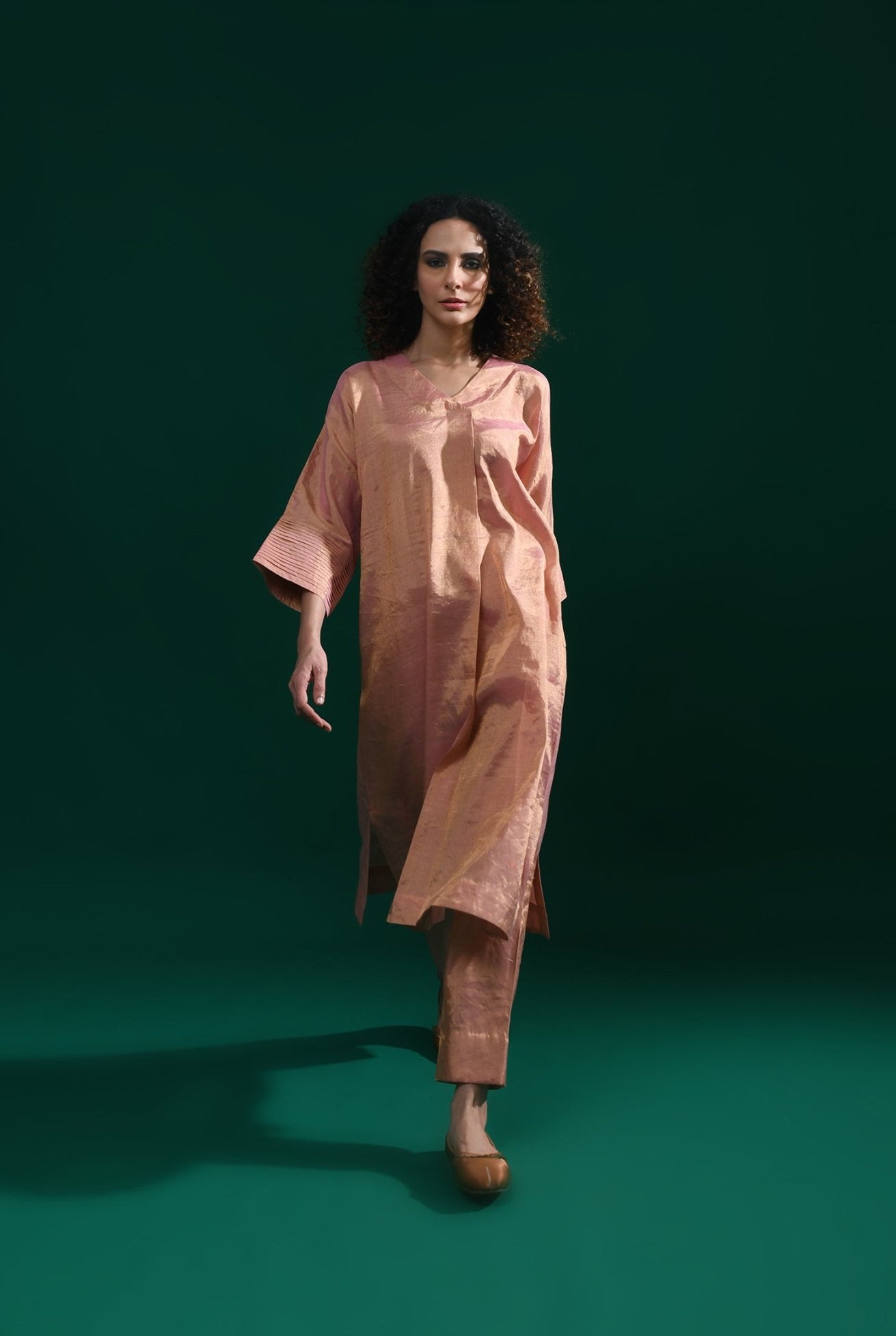Tissue Kaftan Co - Ord with Pleated Cuff (Set of 2) - Peach - CiceroniKurta Set, Festive WearHiranya