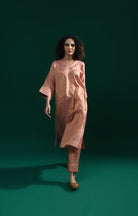 Tissue Kaftan Co - Ord with Pleated Cuff (Set of 2) - Peach - CiceroniKurta Set, Festive WearHiranya