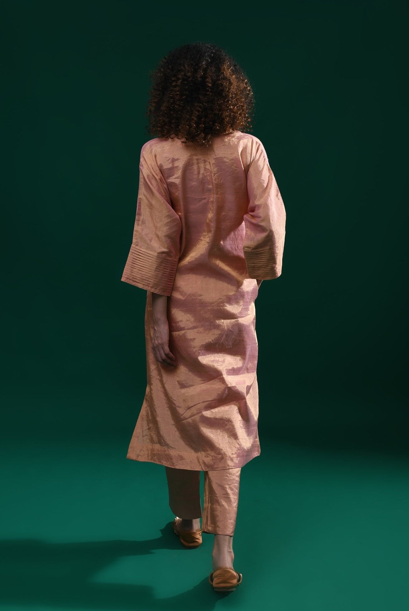 Tissue Kaftan Co - Ord with Pleated Cuff (Set of 2) - Peach - CiceroniKurta Set, Festive WearHiranya