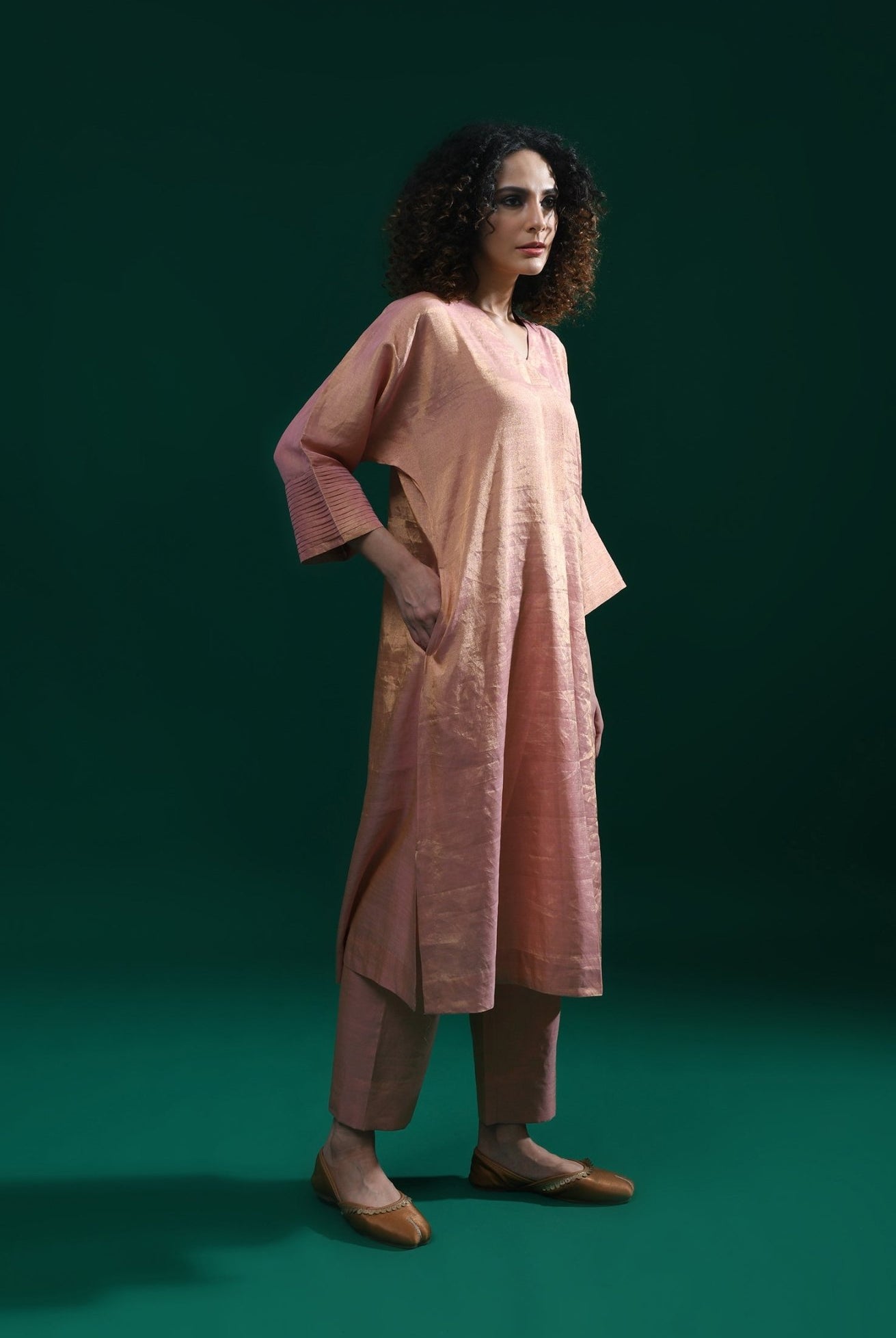 Tissue Kaftan Co - Ord with Pleated Cuff (Set of 2) - Peach - CiceroniKurta Set, Festive WearHiranya