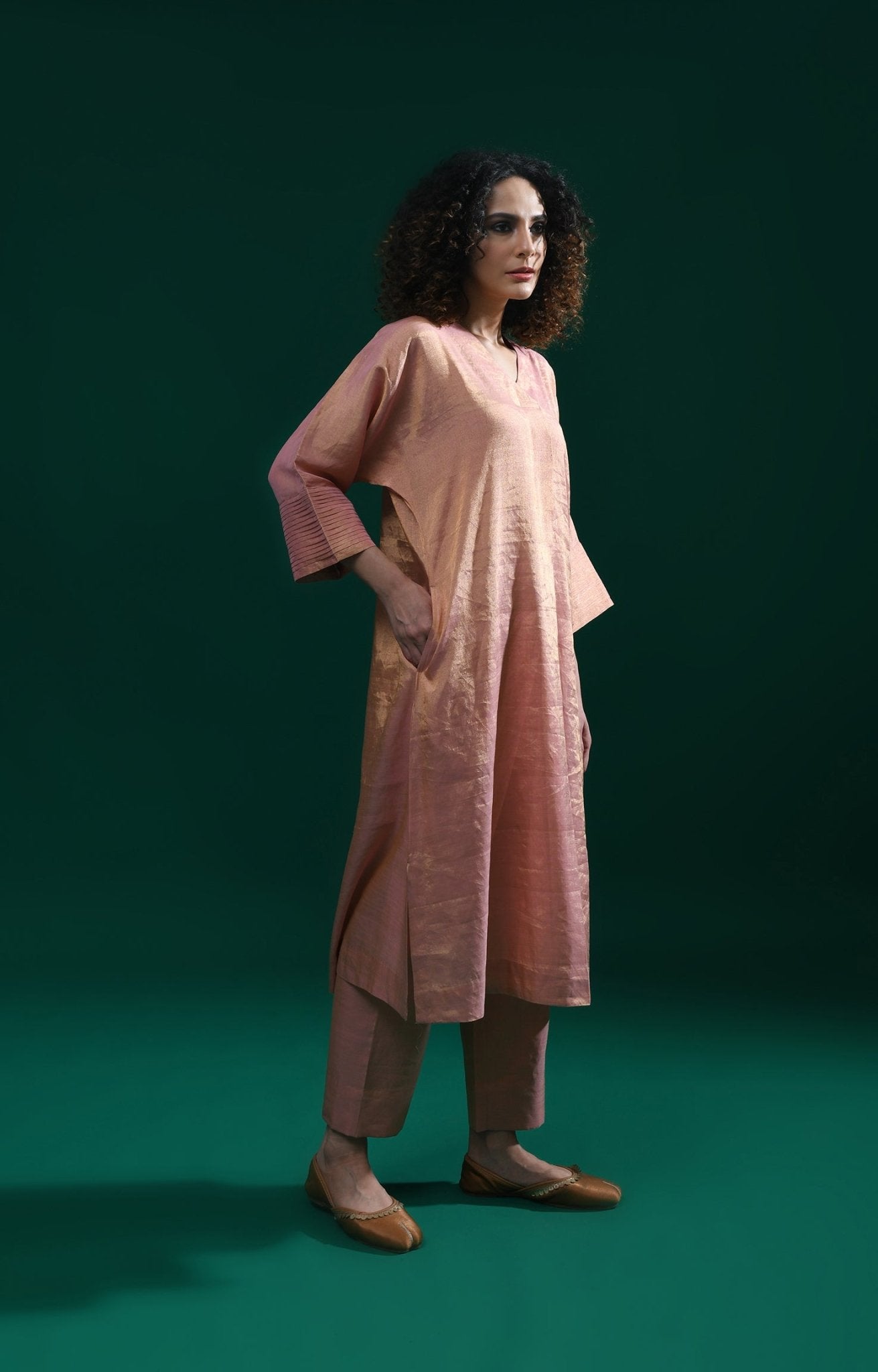 Tissue Kaftan Co - Ord with Pleated Cuff (Set of 2) - Peach - CiceroniKurta Set, Festive WearHiranya
