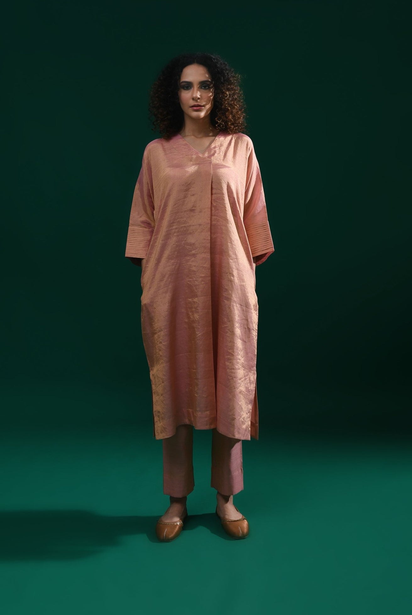 Tissue Kaftan Co - Ord with Pleated Cuff (Set of 2) - Peach - CiceroniKurta Set, Festive WearHiranya
