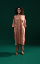 Tissue Kaftan Co - Ord with Pleated Cuff (Set of 2) - Peach - CiceroniKurta Set, Festive WearHiranya
