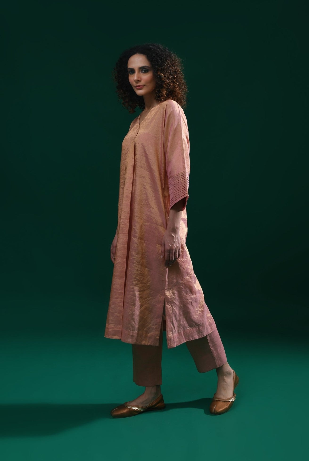 Tissue Kaftan Co - Ord with Pleated Cuff (Set of 2) - Peach - CiceroniKurta Set, Festive WearHiranya