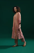 Tissue Kaftan Co - Ord with Pleated Cuff (Set of 2) - Peach - CiceroniKurta Set, Festive WearHiranya
