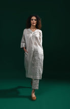 Tissue Kaftan Co - Ord with Pleated Cuff (Set of 2) - Silver - CiceroniKurta Set, Festive WearHiranya