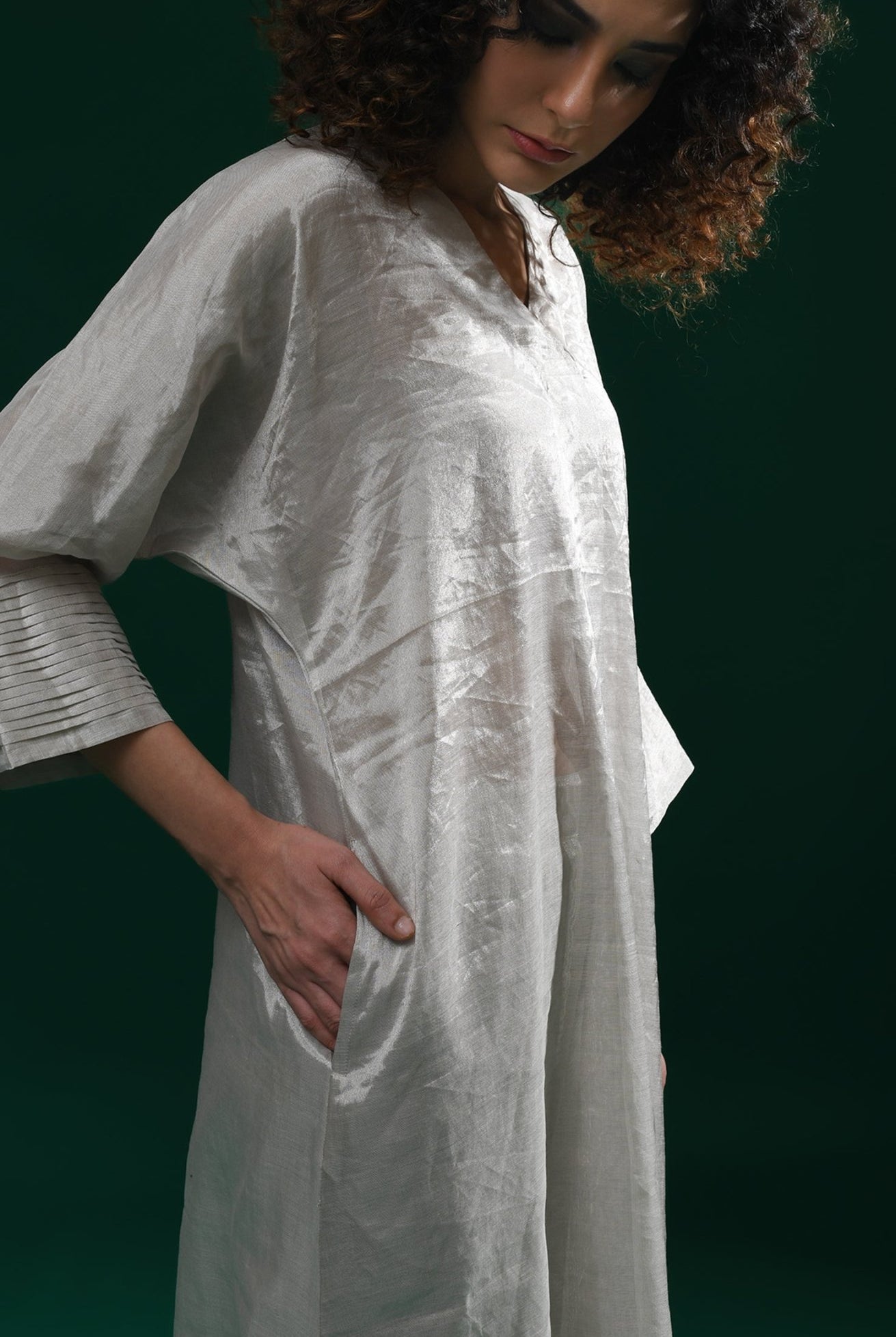 Tissue Kaftan Co - Ord with Pleated Cuff (Set of 2) - Silver - CiceroniKurta Set, Festive WearHiranya