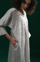 Tissue Kaftan Co - Ord with Pleated Cuff (Set of 2) - Silver - CiceroniKurta Set, Festive WearHiranya
