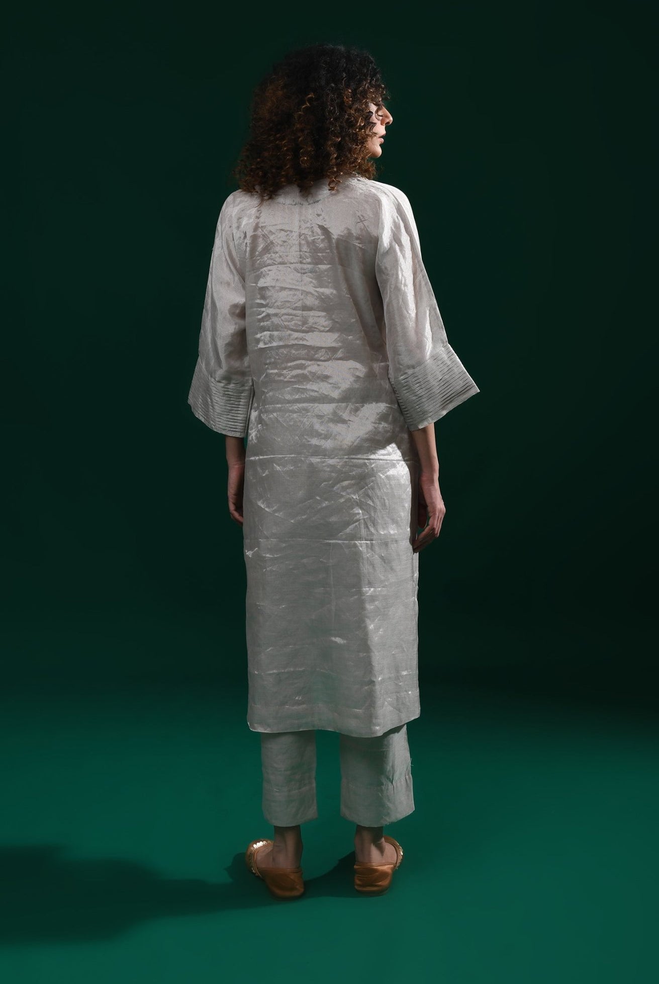 Tissue Kaftan Co - Ord with Pleated Cuff (Set of 2) - Silver - CiceroniKurta Set, Festive WearHiranya