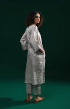 Tissue Kaftan Co - Ord with Pleated Cuff (Set of 2) - Silver - CiceroniKurta Set, Festive WearHiranya