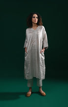 Tissue Kaftan Co - Ord with Pleated Cuff (Set of 2) - Silver - CiceroniKurta Set, Festive WearHiranya