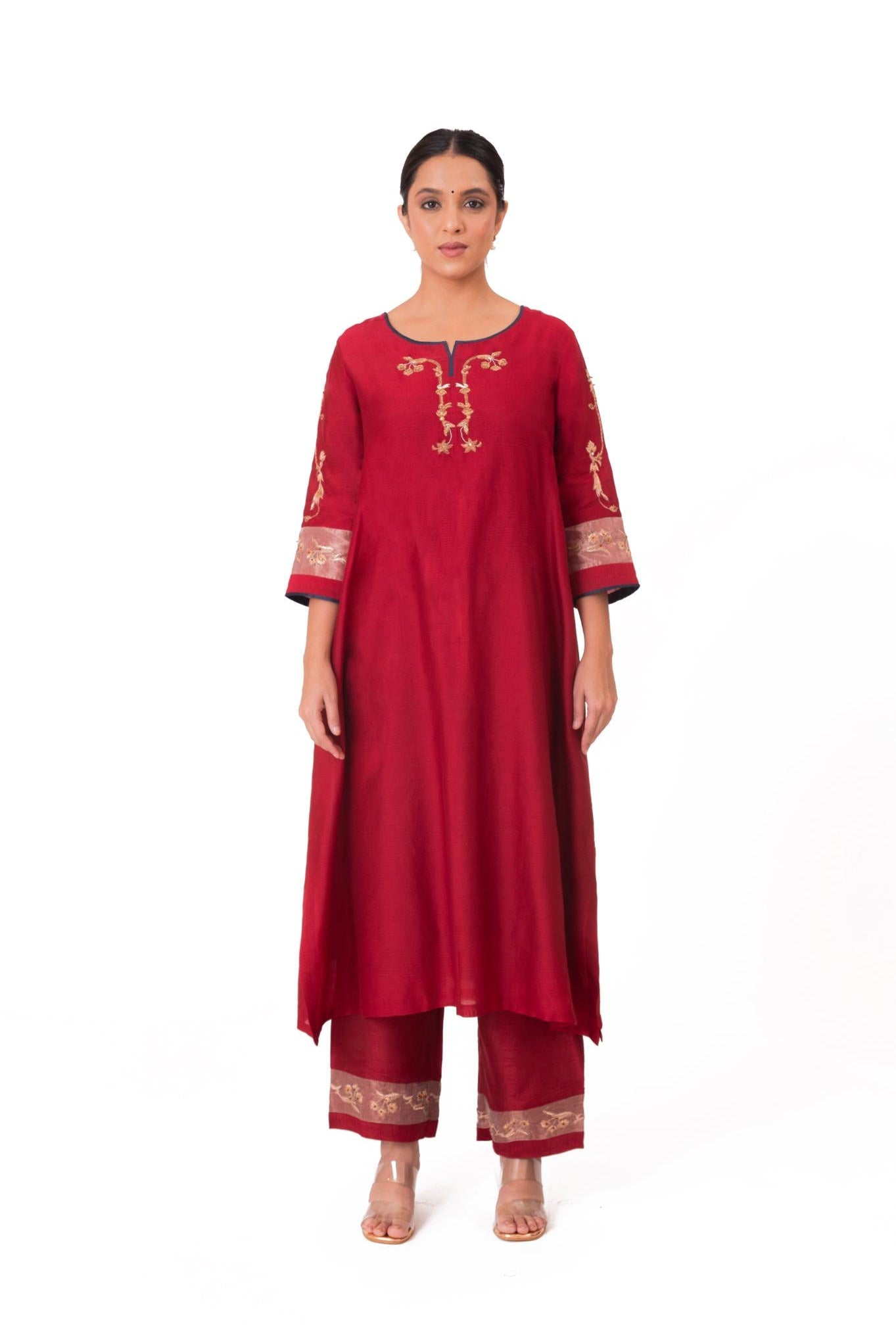 Tissue Patch Work Dupatta Kurta Set - Crimson Red - CiceroniKurta Set, Festive wearBhavik Shah