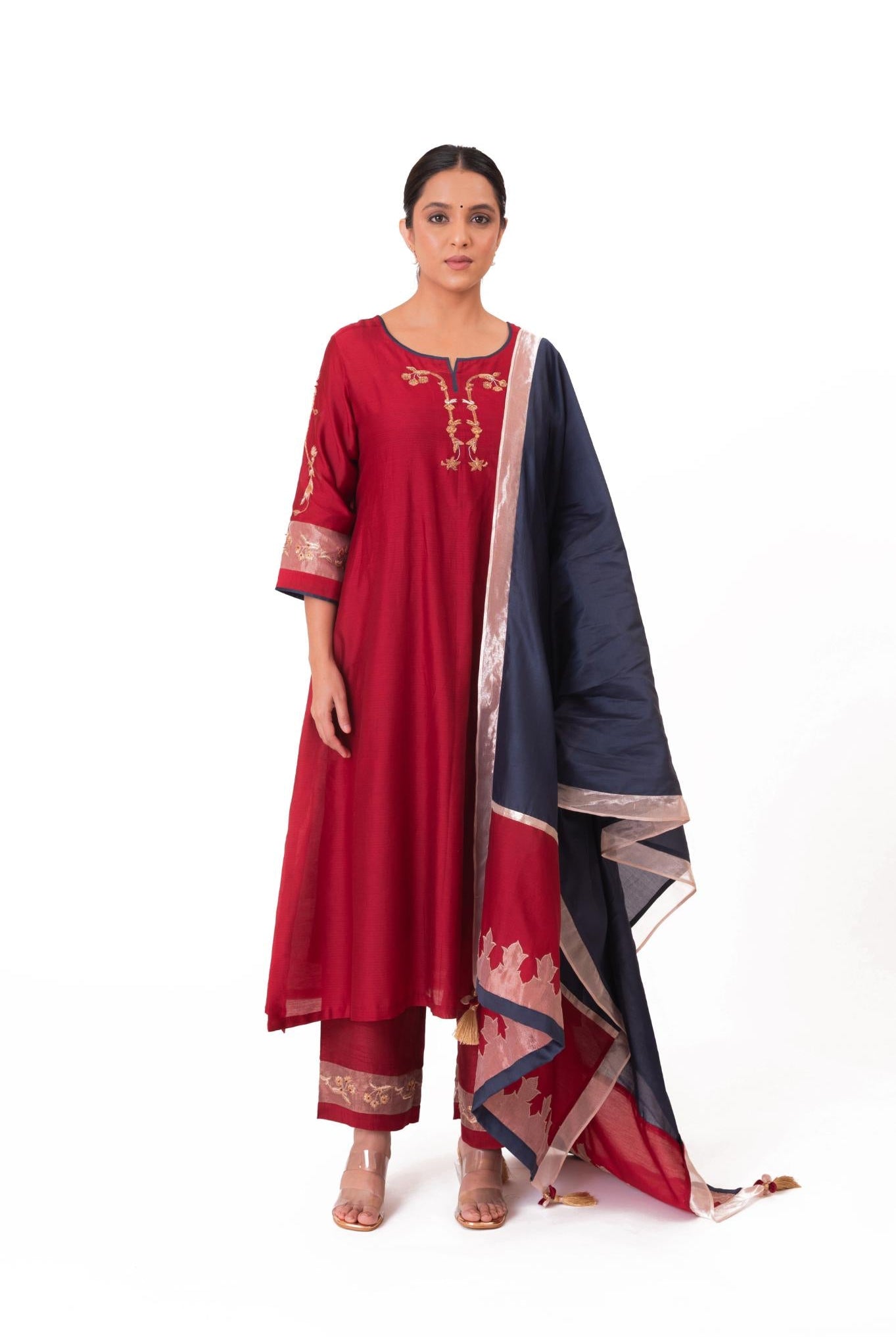 Tissue Patch Work Dupatta Kurta Set - Crimson Red - CiceroniKurta Set, Festive wearBhavik Shah