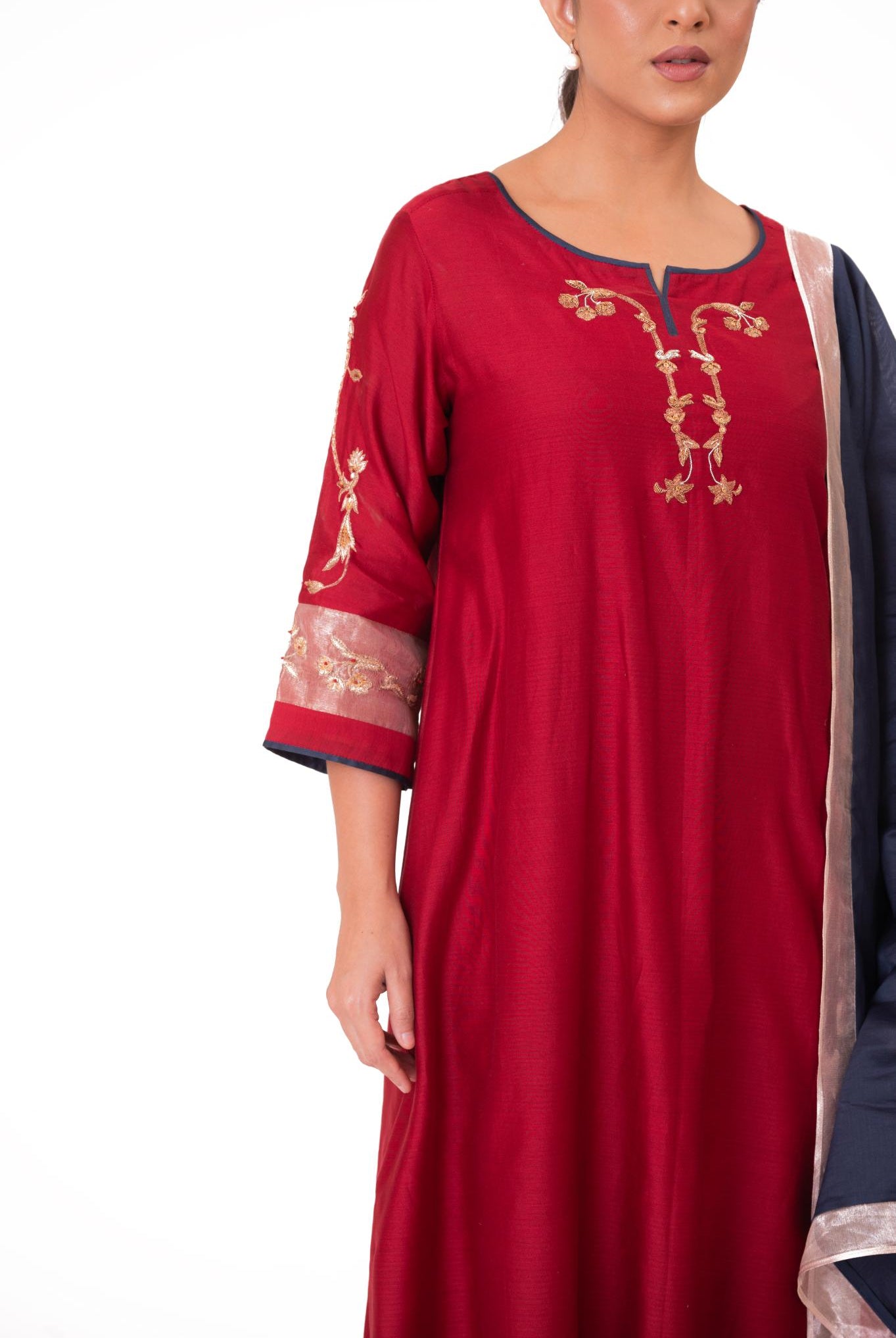 Tissue Patch Work Dupatta Kurta Set - Crimson Red - CiceroniKurta Set, Festive wearBhavik Shah