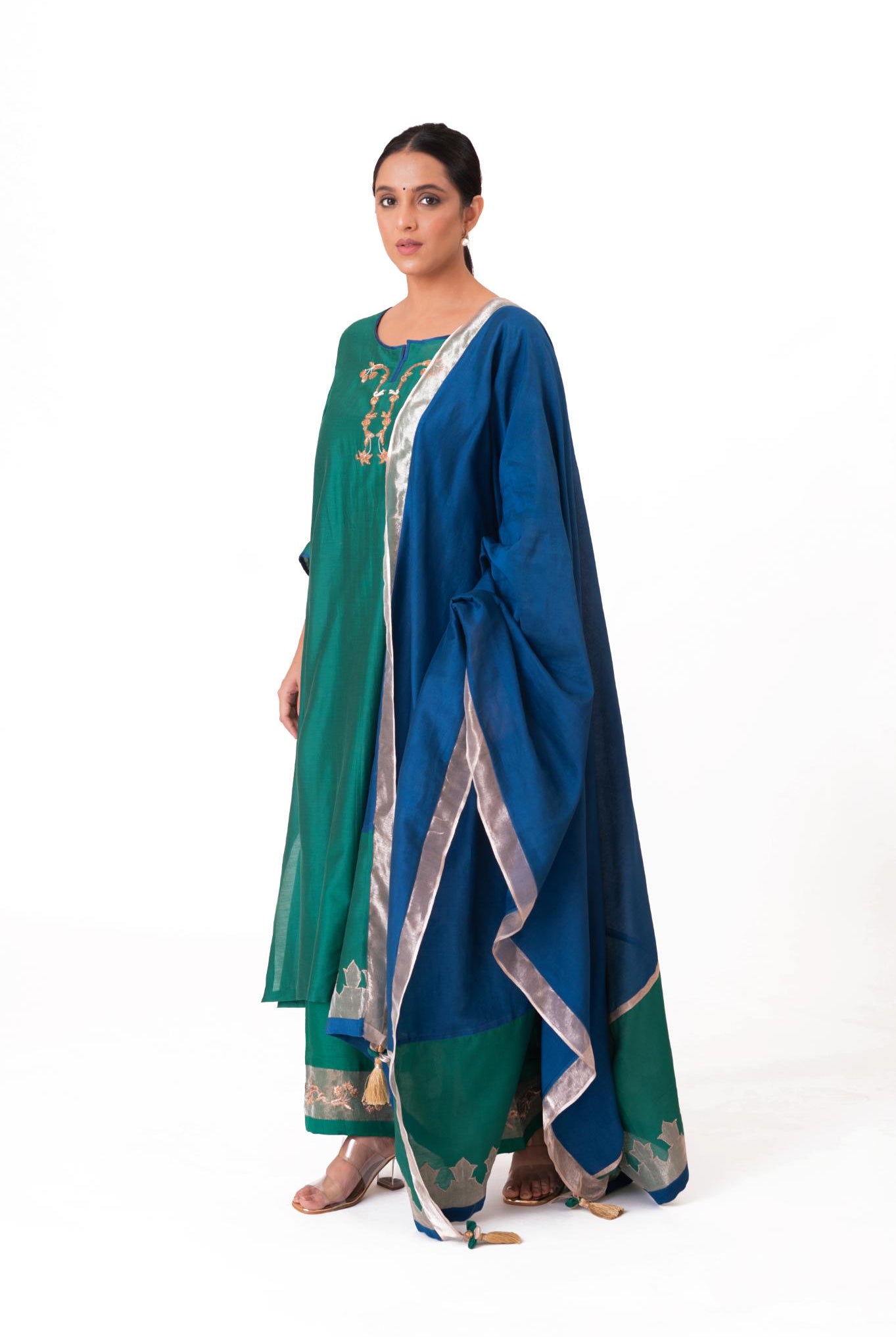 Tissue Patch Work Dupatta Kurta Set - Emerald Green - CiceroniKurta Set, Festive wearBhavik Shah