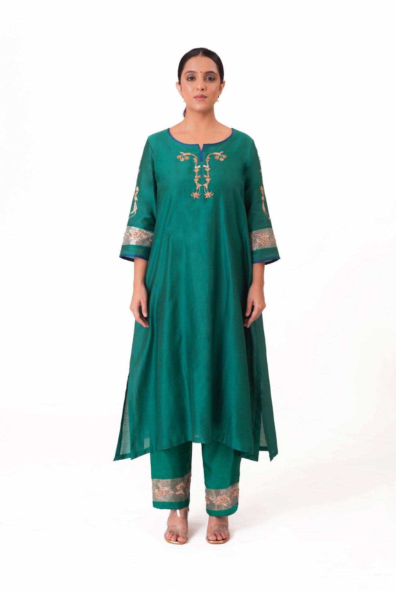 Tissue Patch Work Dupatta Kurta Set - Emerald Green - CiceroniKurta Set, Festive wearBhavik Shah