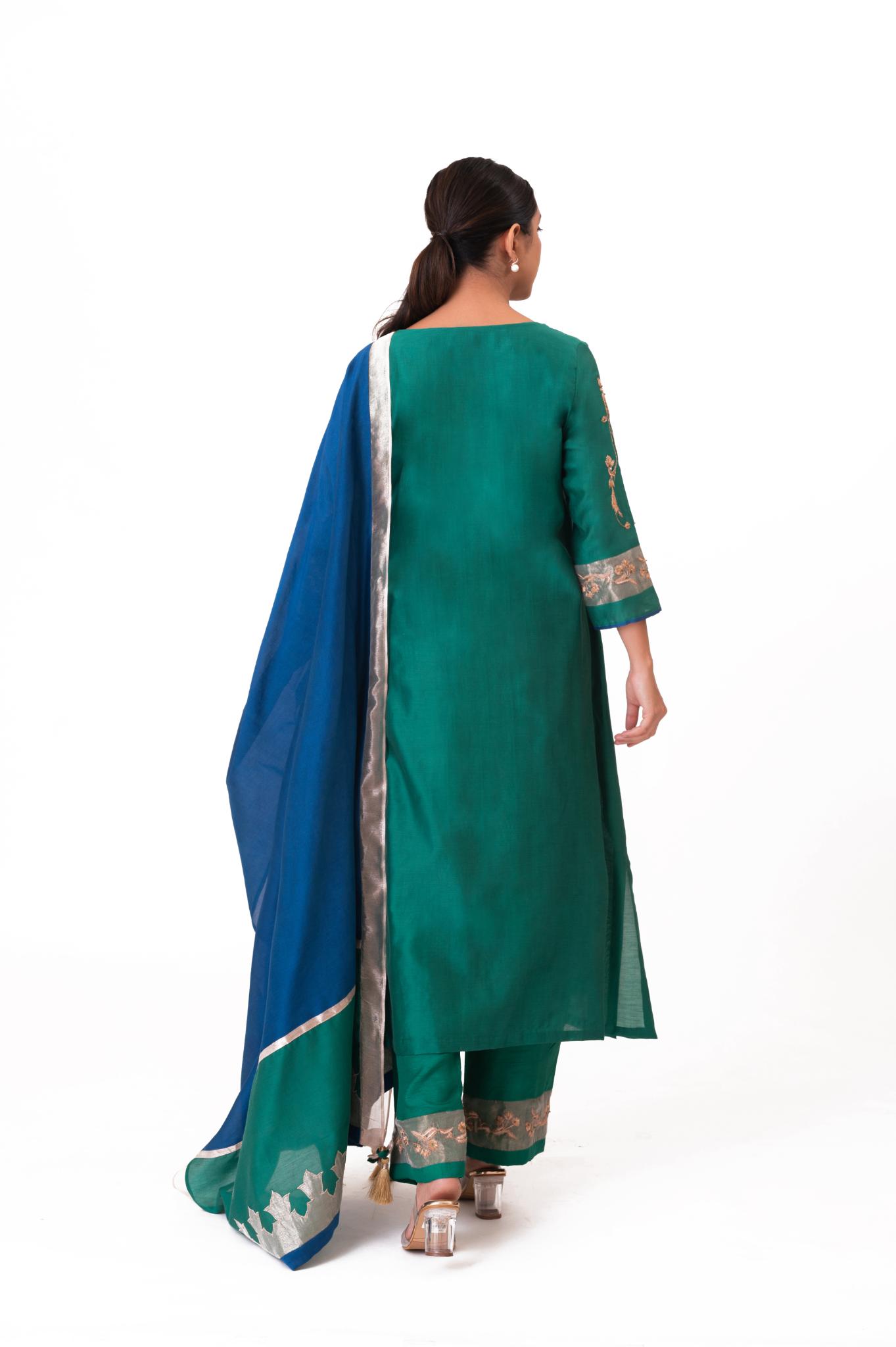 Tissue Patch Work Dupatta Kurta Set - Emerald Green - CiceroniKurta Set, Festive wearBhavik Shah