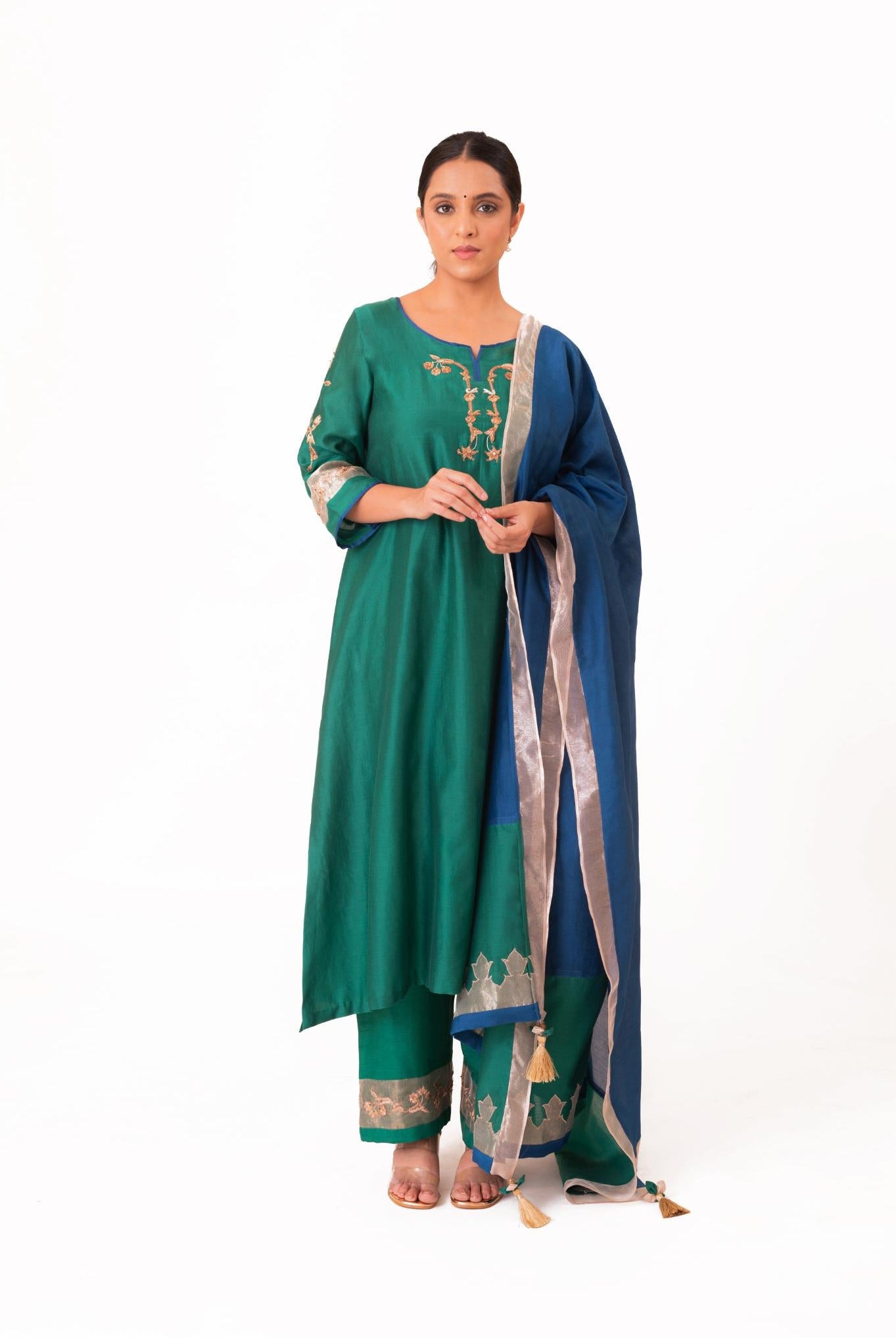 Tissue Patch Work Dupatta Kurta Set - Emerald Green - CiceroniKurta Set, Festive wearBhavik Shah