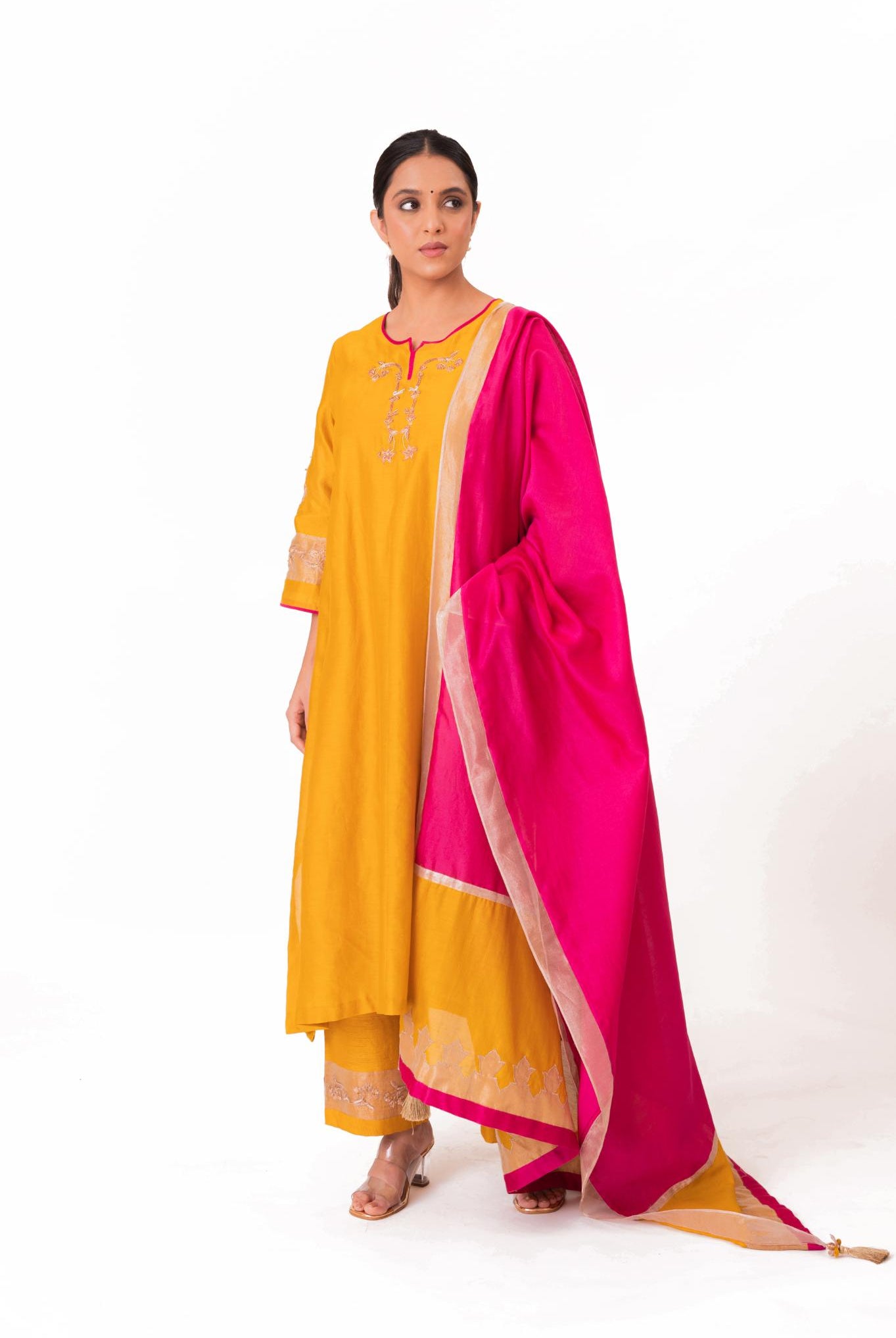 Tissue Patch Work Dupatta Kurta Set - Golden Yellow - CiceroniKurta Set, Festive wearBhavik Shah