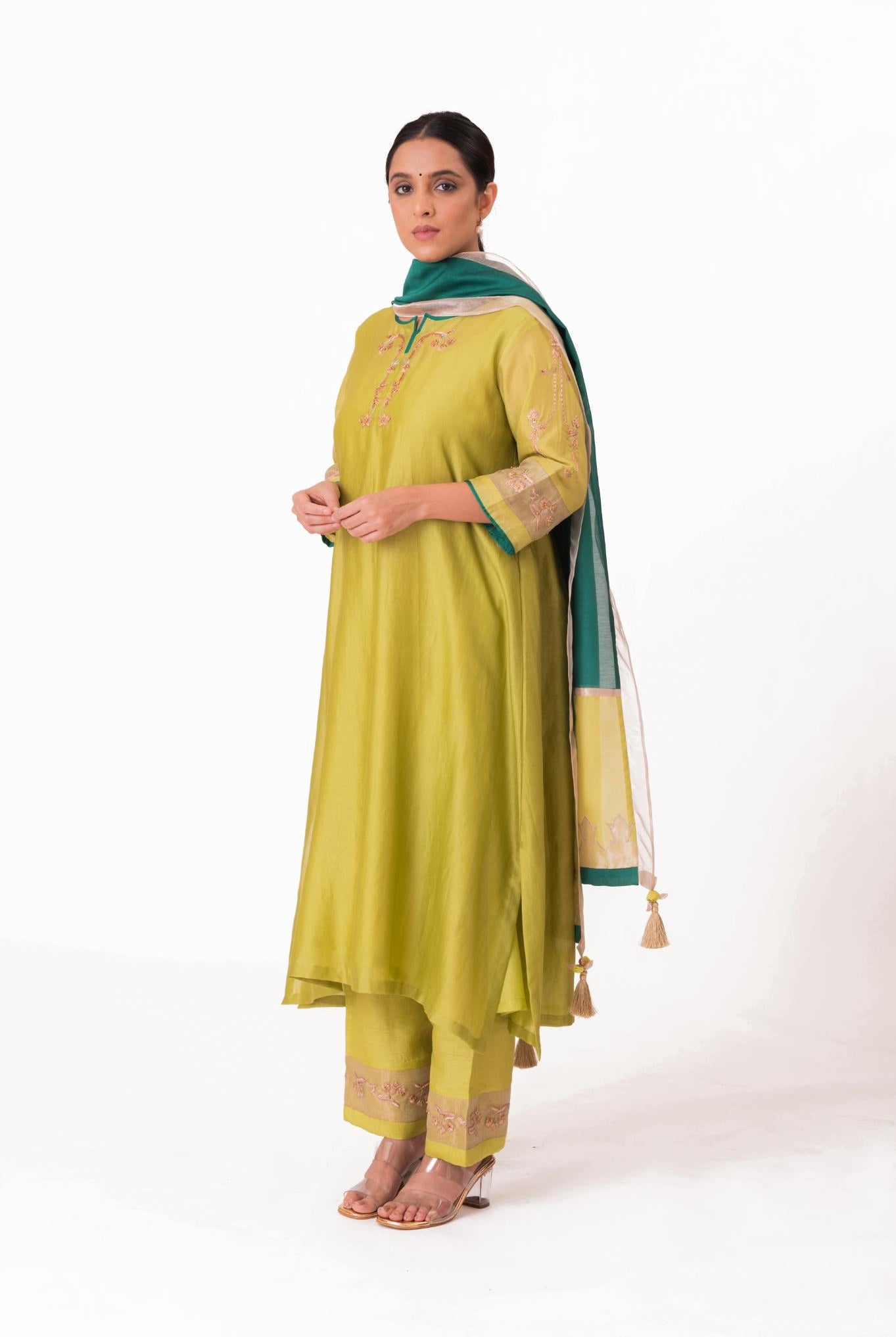 Tissue Patch Work Dupatta Kurta Set - Lime Green - CiceroniKurta Set, Festive wearBhavik Shah