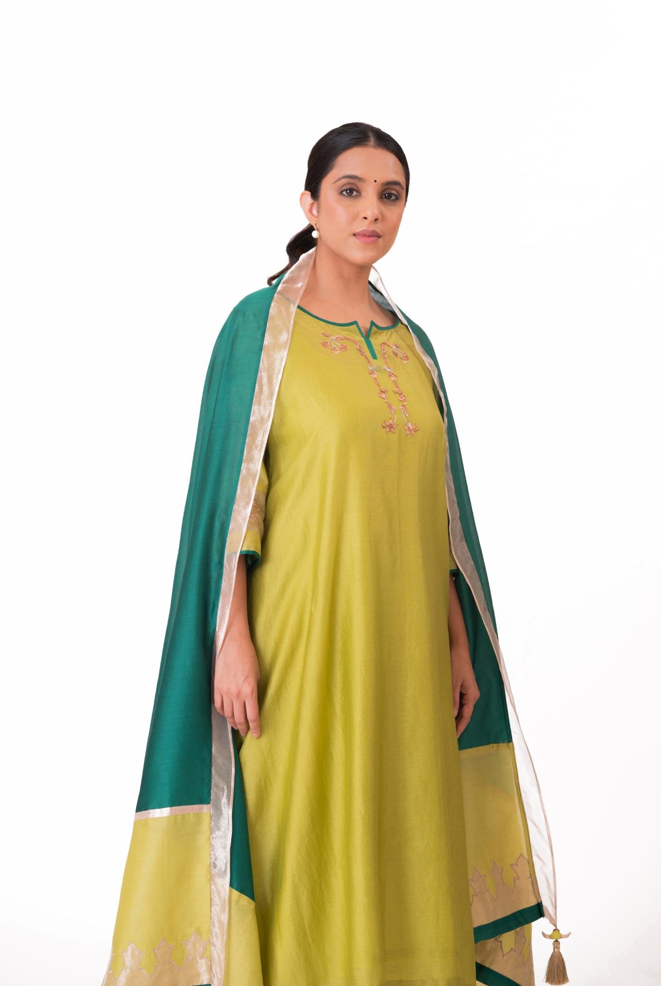 Tissue Patch Work Dupatta Kurta Set - Lime Green - CiceroniKurta Set, Festive wearBhavik Shah