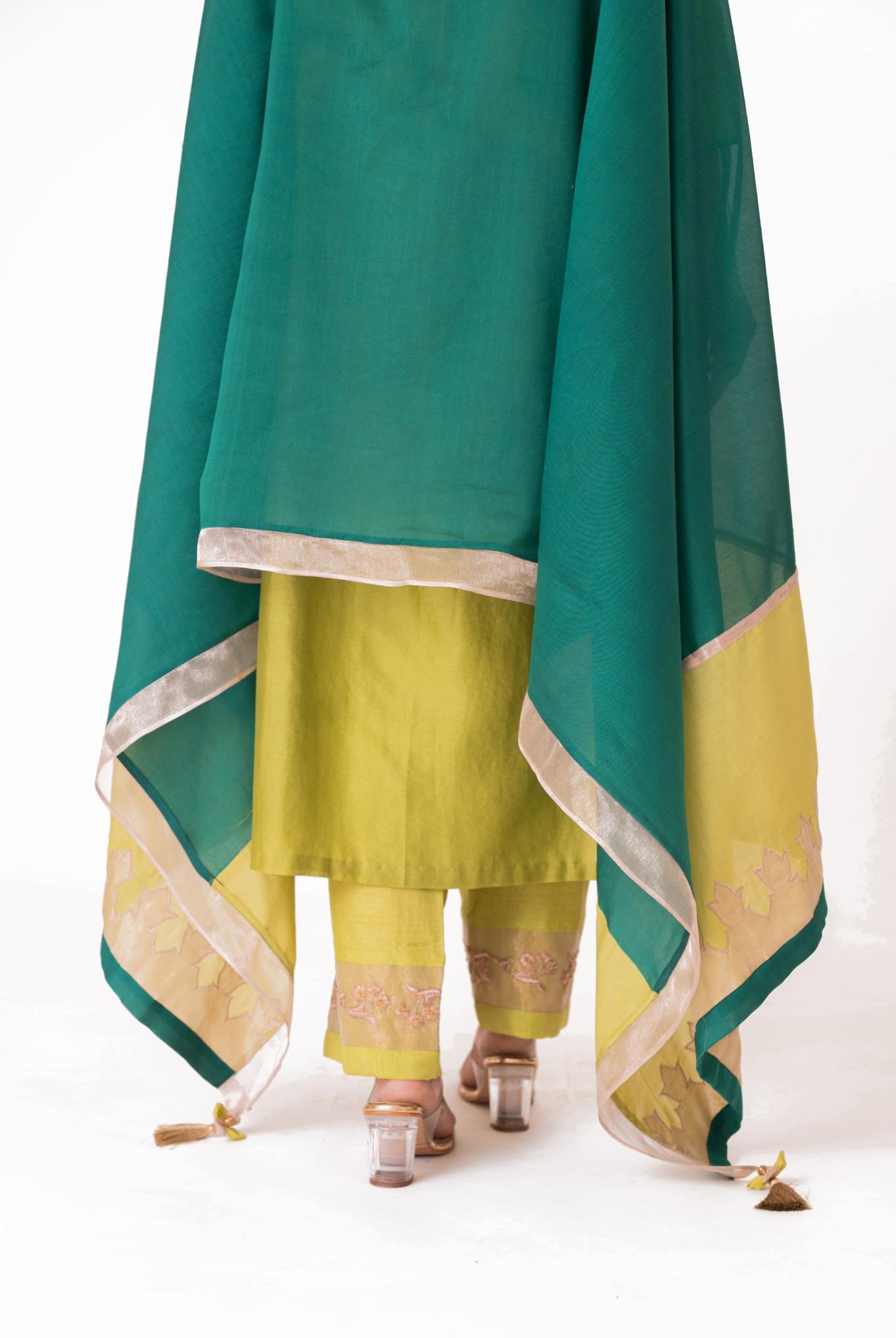 Tissue Patch Work Dupatta Kurta Set - Lime Green - CiceroniKurta Set, Festive wearBhavik Shah