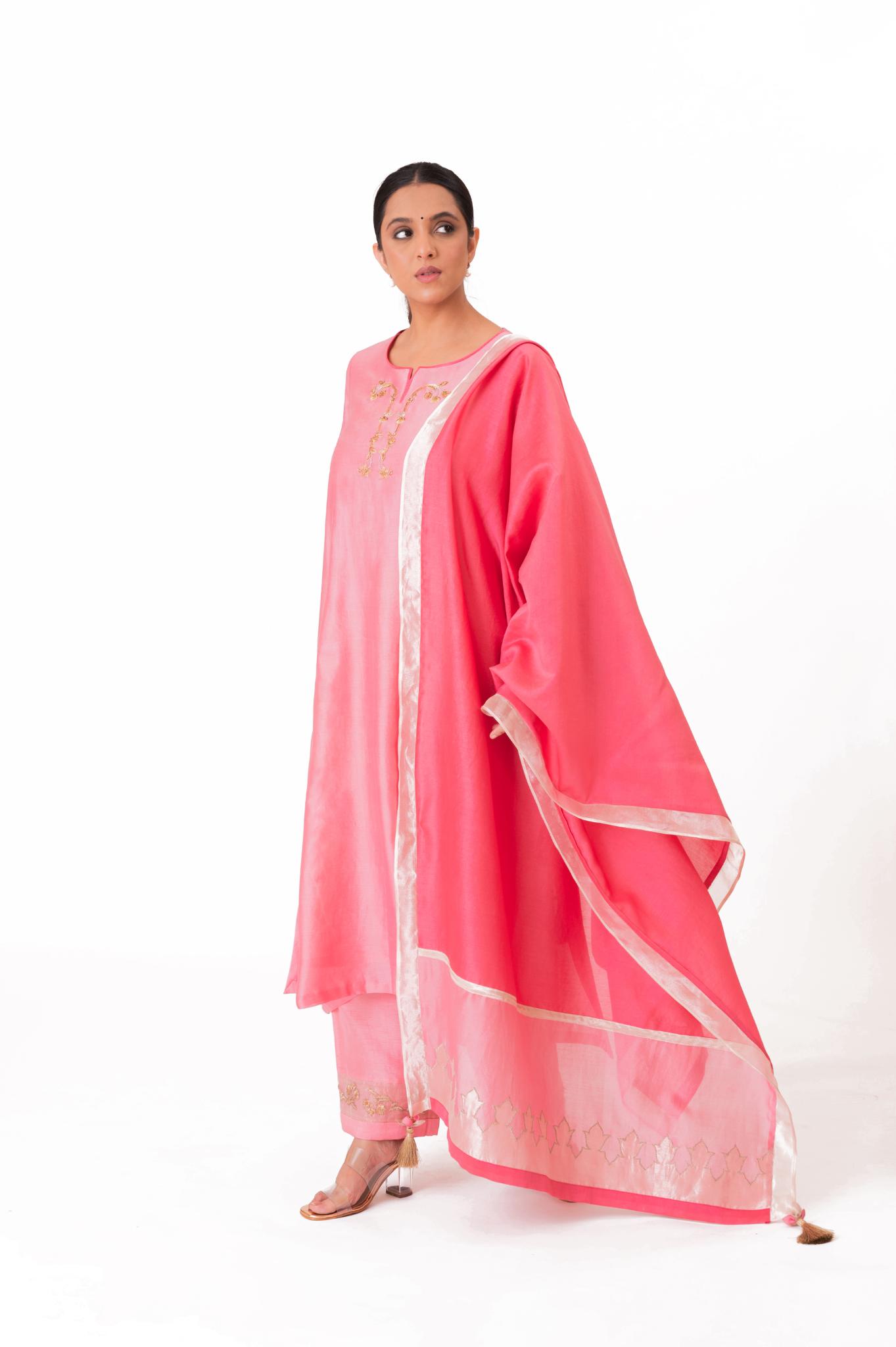 Tissue Patch Work Dupatta Kurta Set - Lotus Pink - CiceroniKurta Set, Festive wearBhavik Shah