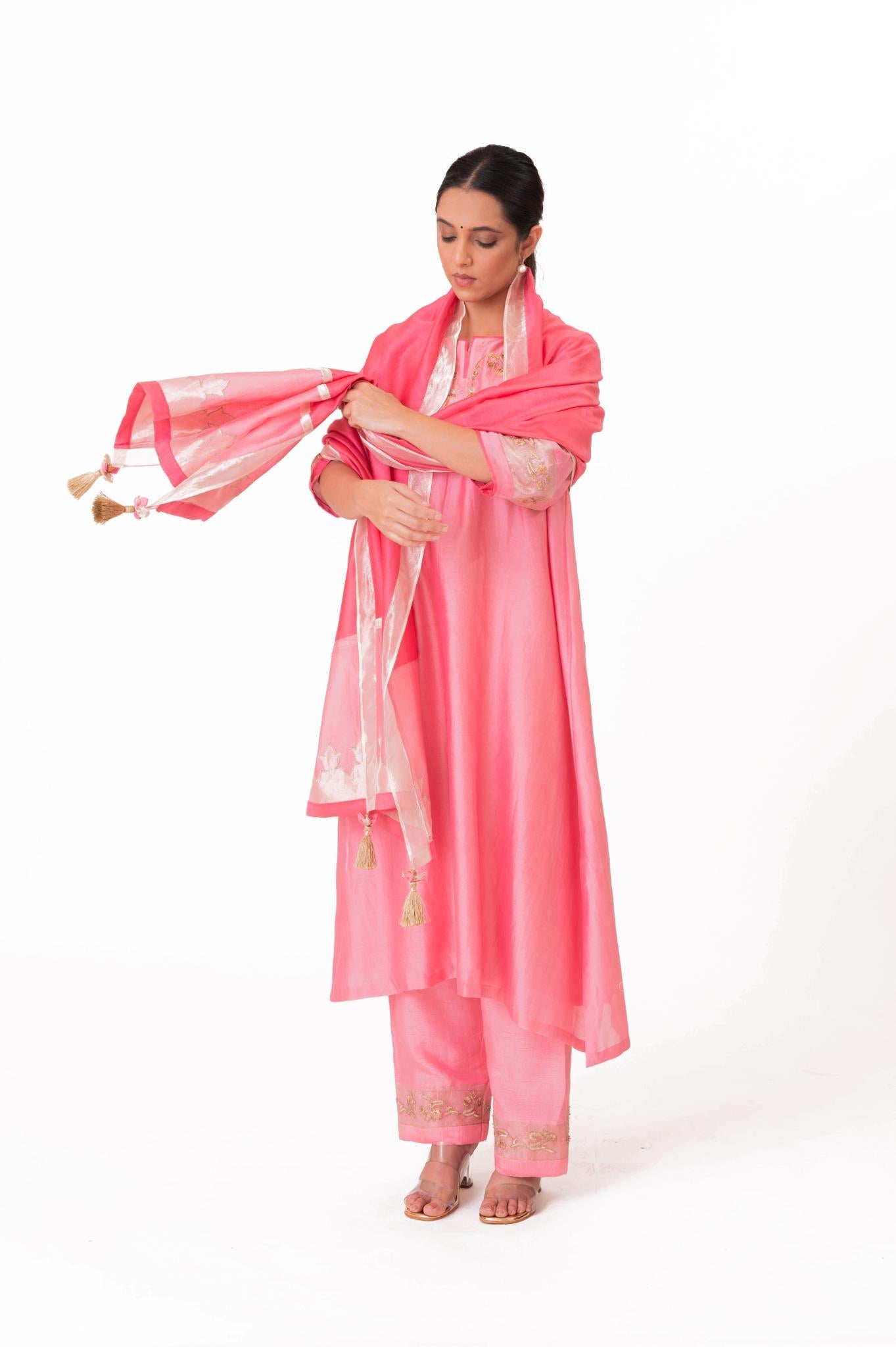 Tissue Patch Work Dupatta Kurta Set - Lotus Pink - CiceroniKurta Set, Festive wearBhavik Shah