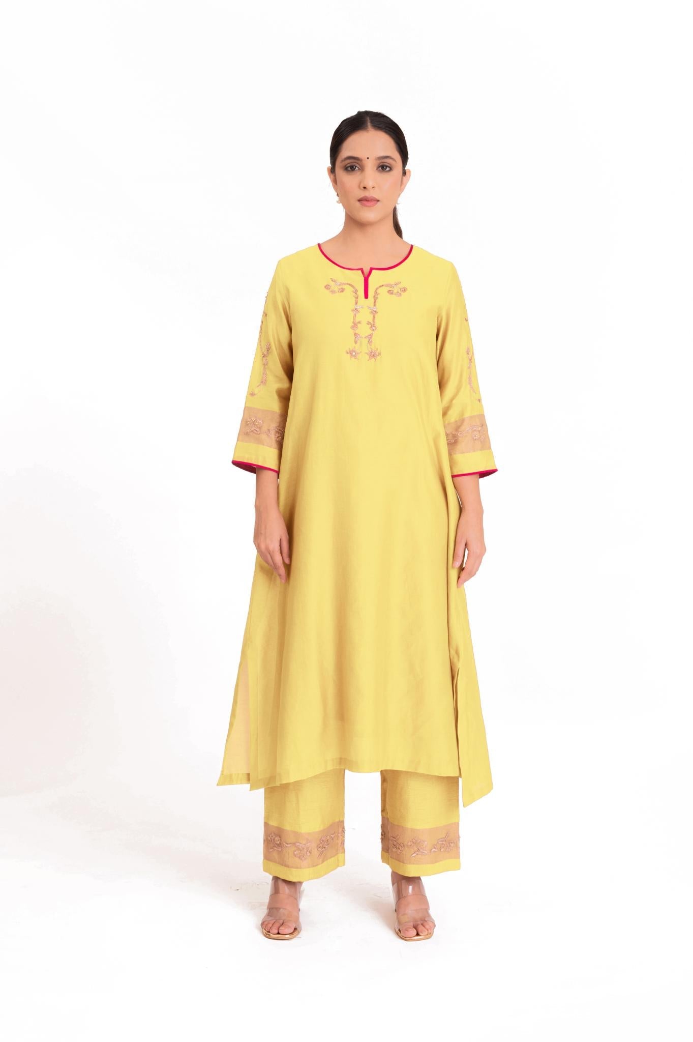 Tissue Patch Work Dupatta Kurta Set - Pastel Yellow - CiceroniKurta Set, Festive wearBhavik Shah