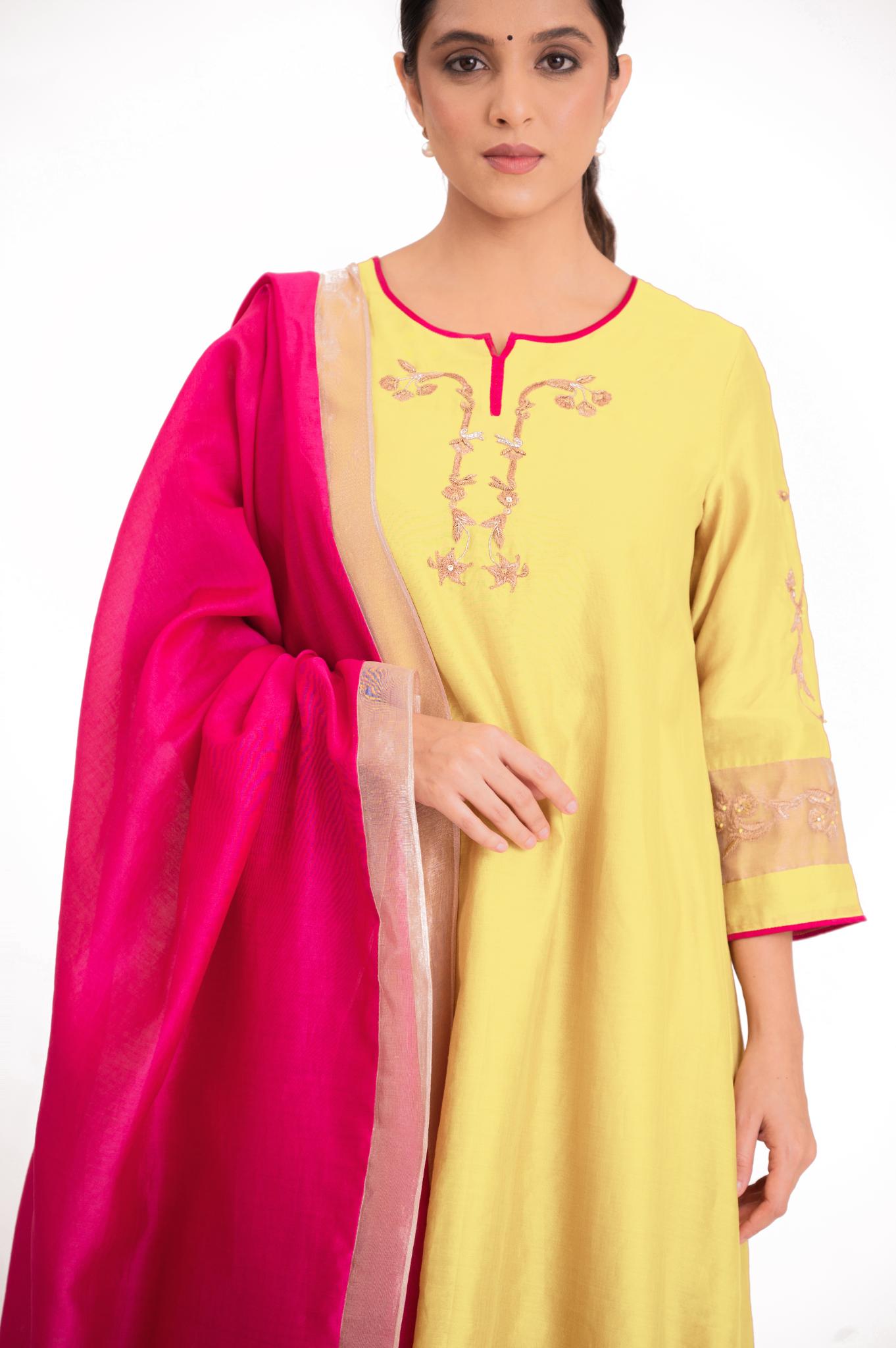 Tissue Patch Work Dupatta Kurta Set - Pastel Yellow - CiceroniKurta Set, Festive wearBhavik Shah