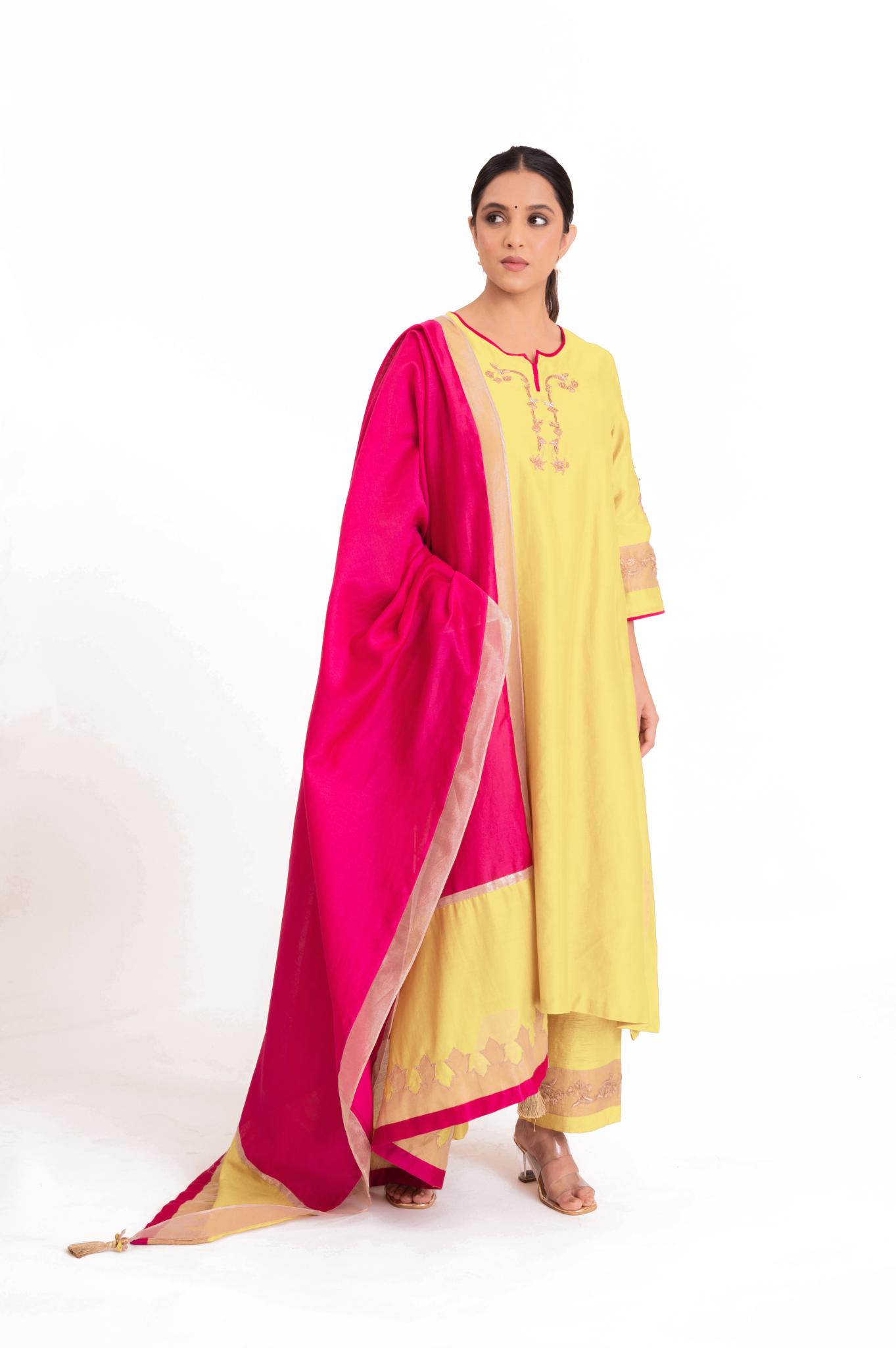 Tissue Patch Work Dupatta Kurta Set - Pastel Yellow - CiceroniKurta Set, Festive wearBhavik Shah