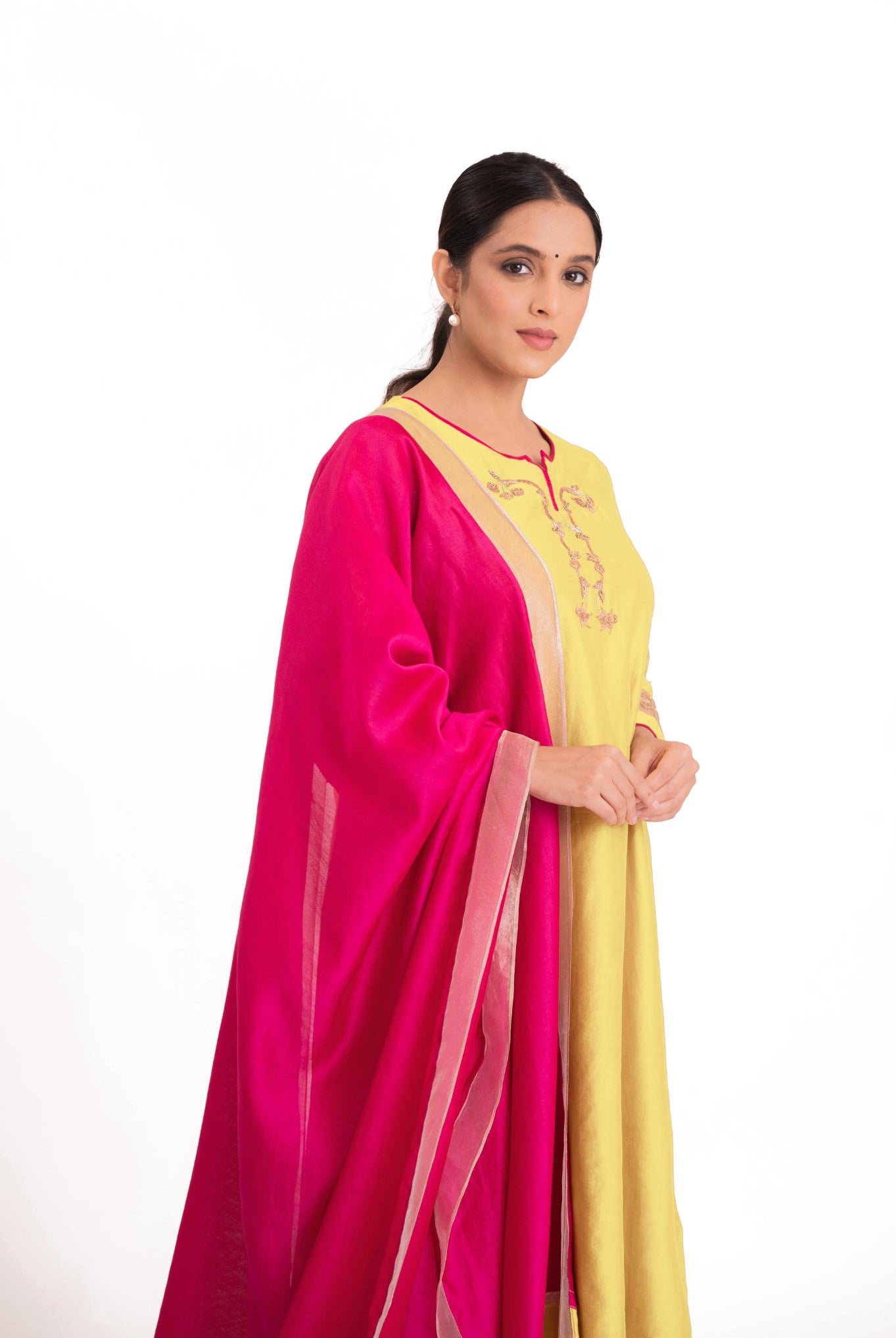 Tissue Patch Work Dupatta Kurta Set - Pastel Yellow - CiceroniKurta Set, Festive wearBhavik Shah