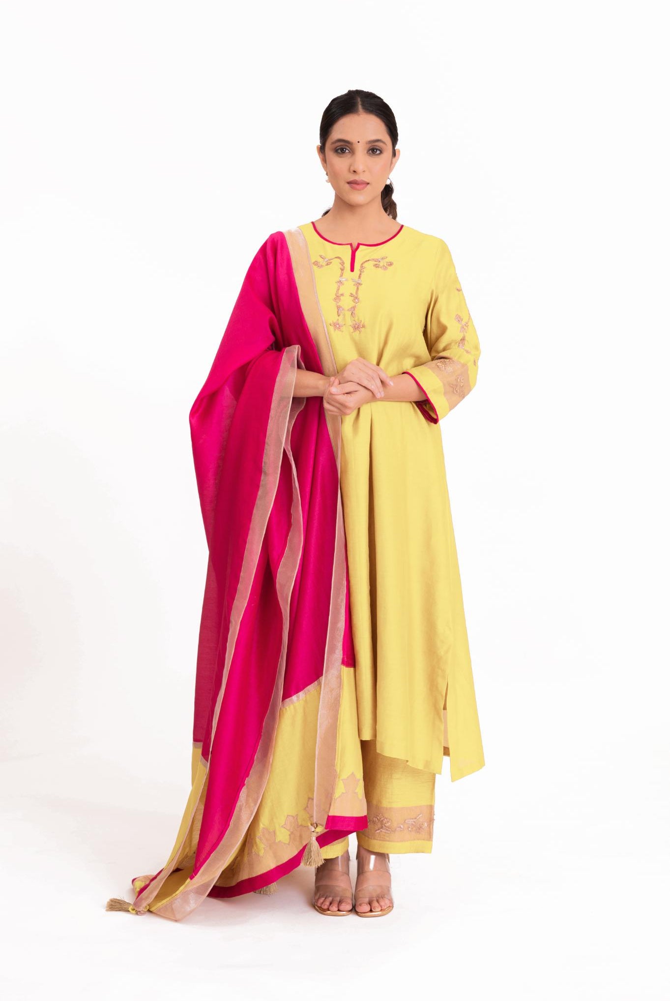 Tissue Patch Work Dupatta Kurta Set - Pastel Yellow - CiceroniKurta Set, Festive wearBhavik Shah