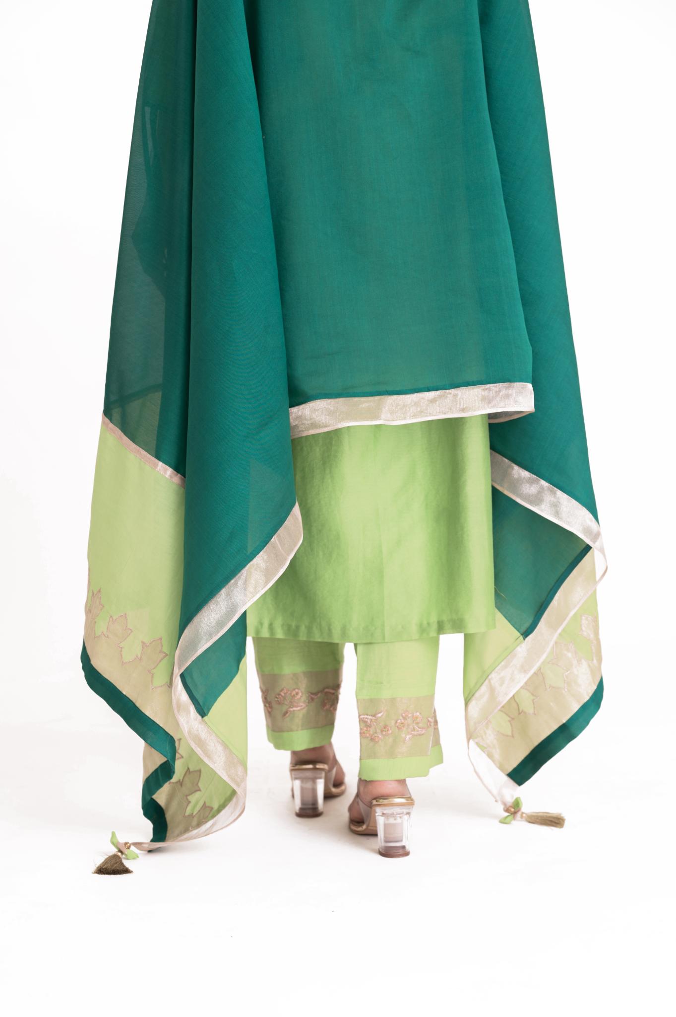 Tissue Patch Work Dupatta Kurta Set - Pistachio Green - CiceroniKurta Set, Festive wearBhavik Shah