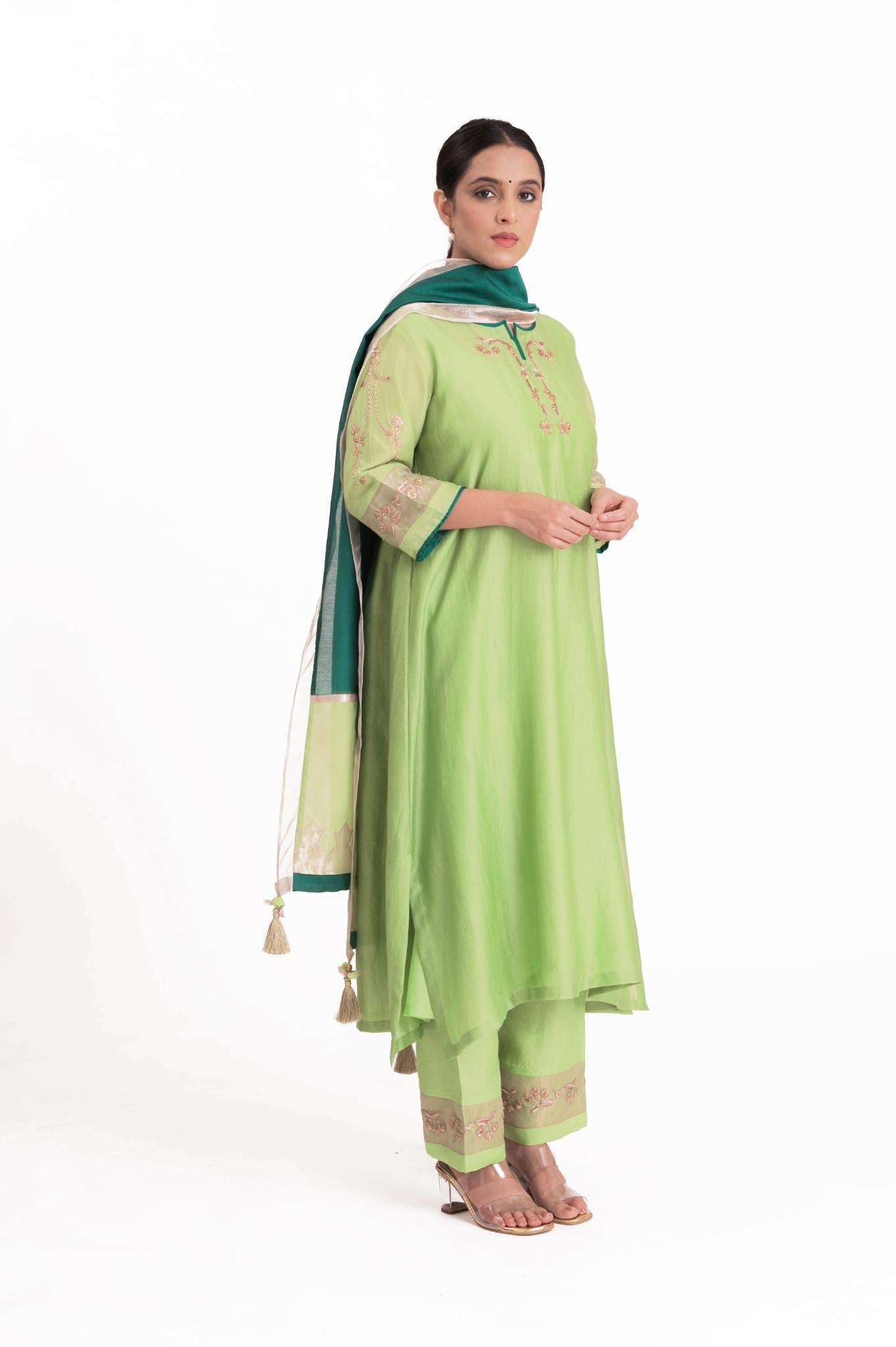 Tissue Patch Work Dupatta Kurta Set - Pistachio Green - CiceroniKurta Set, Festive wearBhavik Shah