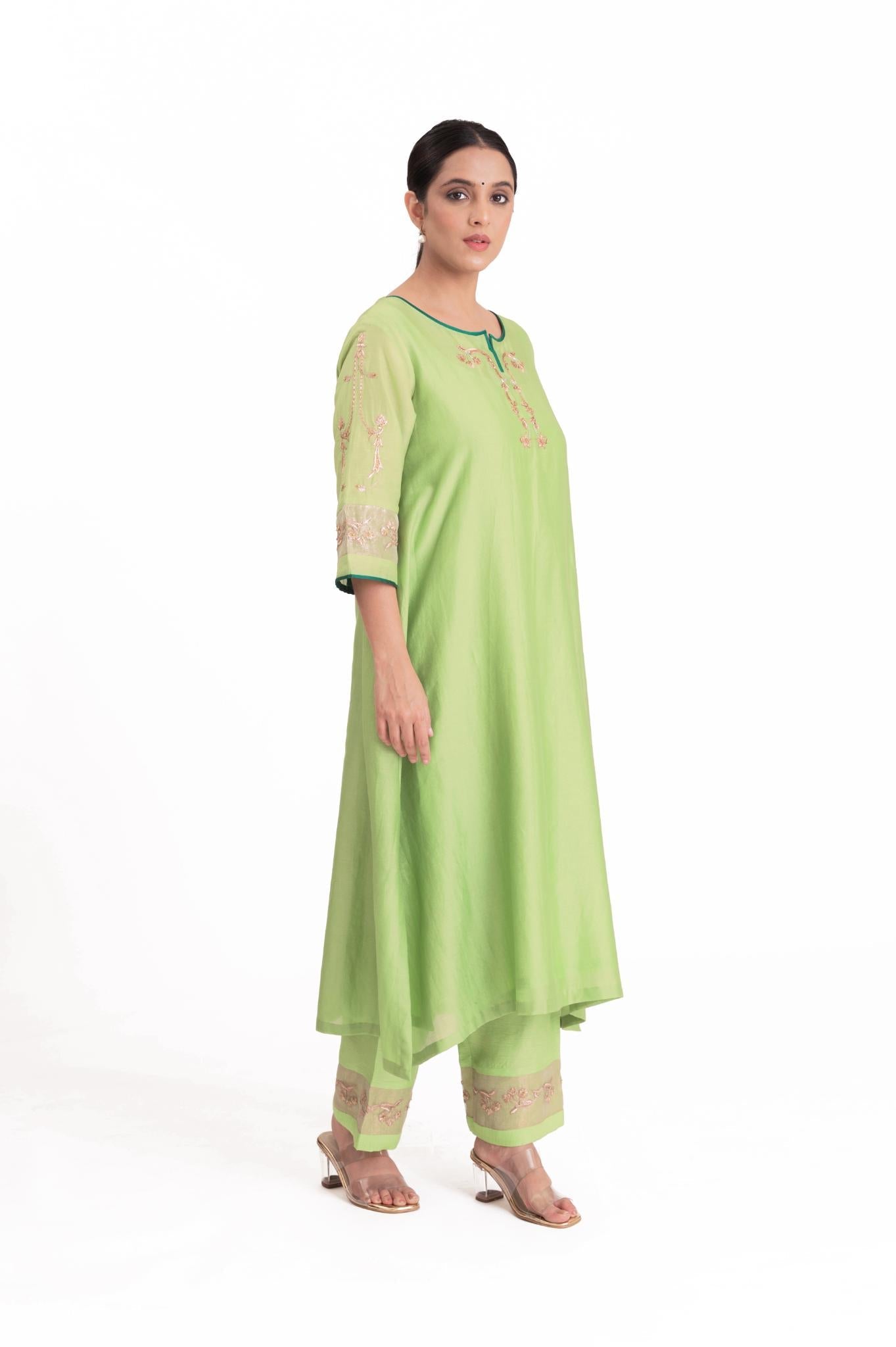 Tissue Patch Work Dupatta Kurta Set - Pistachio Green - CiceroniKurta Set, Festive wearBhavik Shah