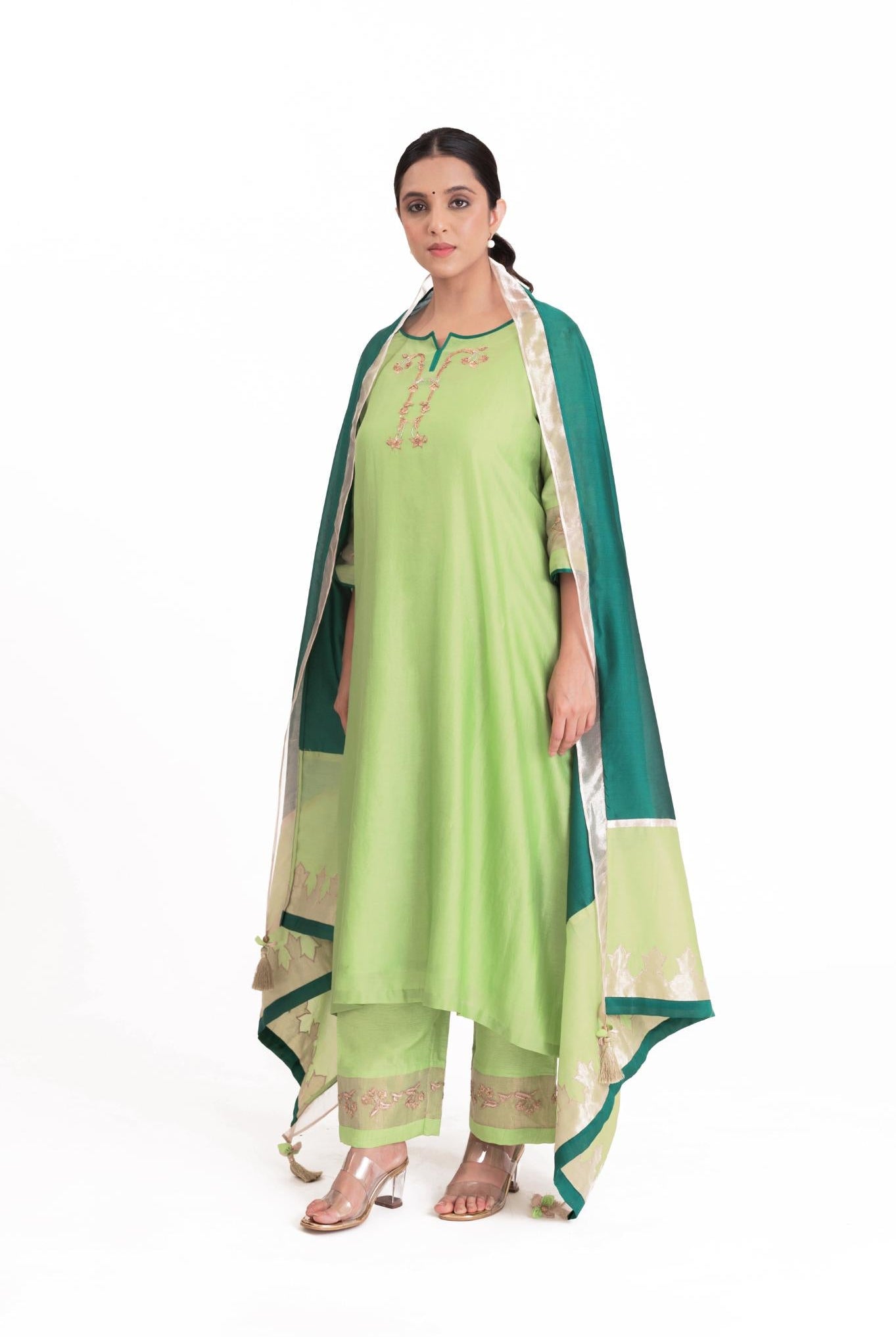 Tissue Patch Work Dupatta Kurta Set - Pistachio Green - CiceroniKurta Set, Festive wearBhavik Shah