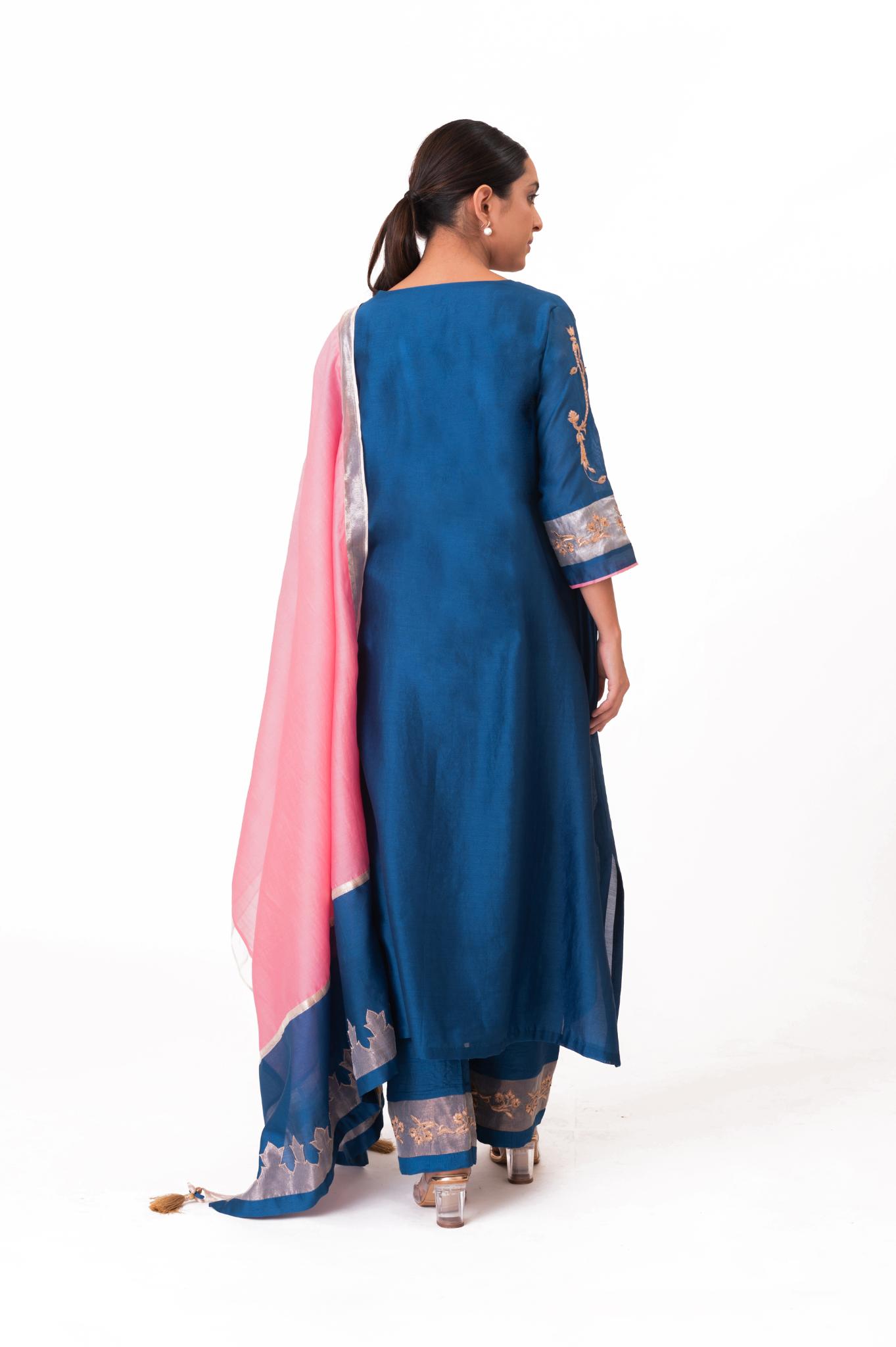 Tissue Patch Work Dupatta Kurta Set - Royal Blue - CiceroniKurta Set, Festive wearBhavik Shah