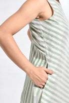 Tissue Striped Sleeveless A - line Dress with Back Patch - Light Green - CiceroniDressesHiranya