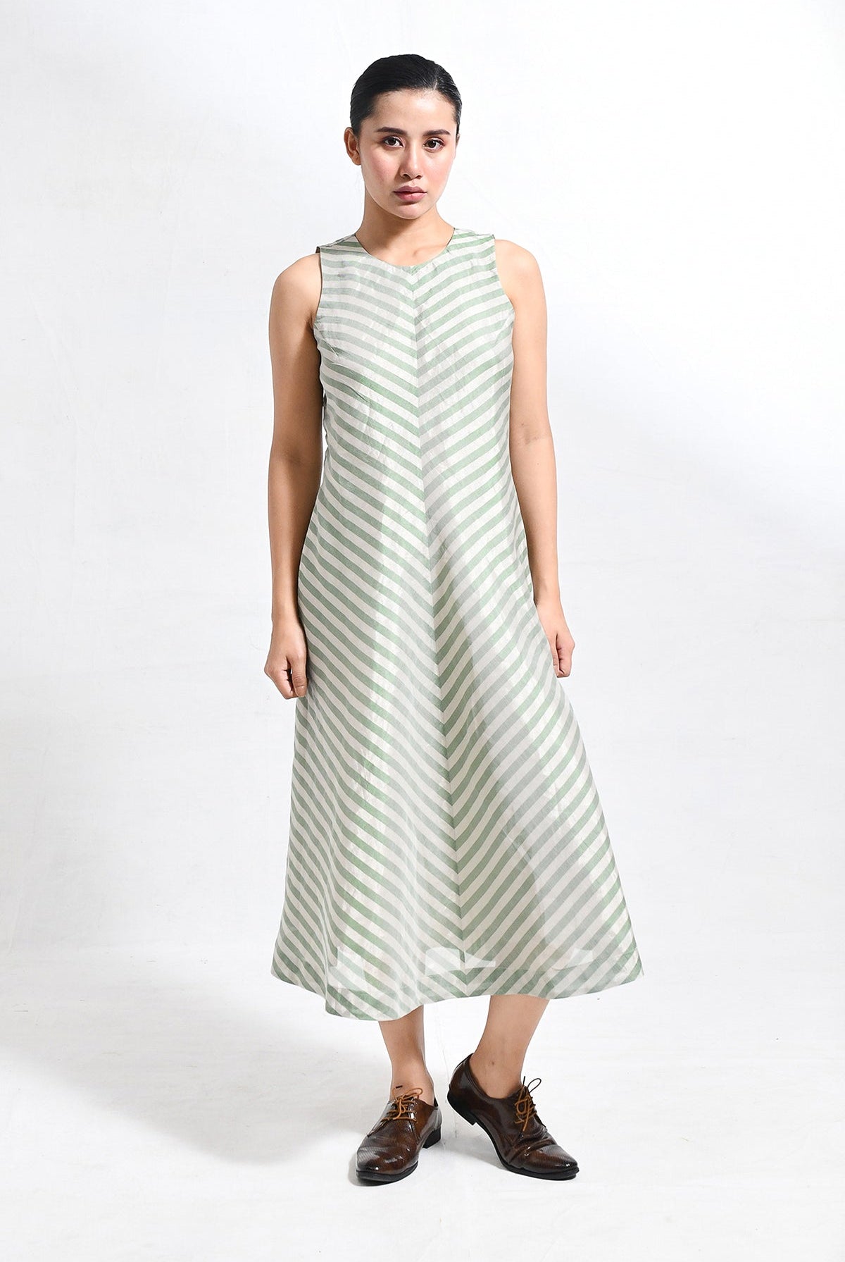 Tissue Striped Sleeveless A - line Dress with Back Patch - Light Green - CiceroniDressesHiranya